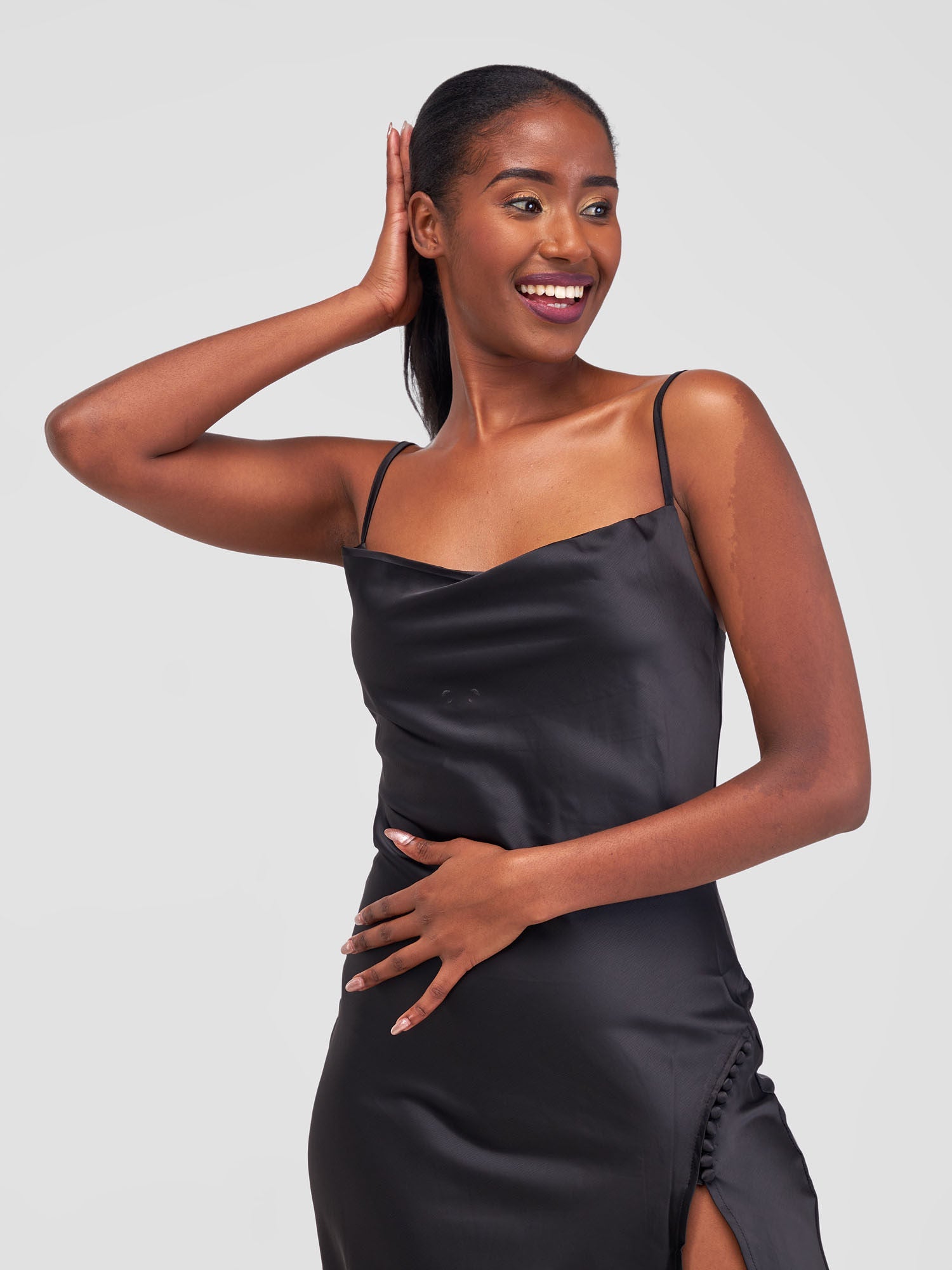 Satin Slip Dress With Side Buttons - Black