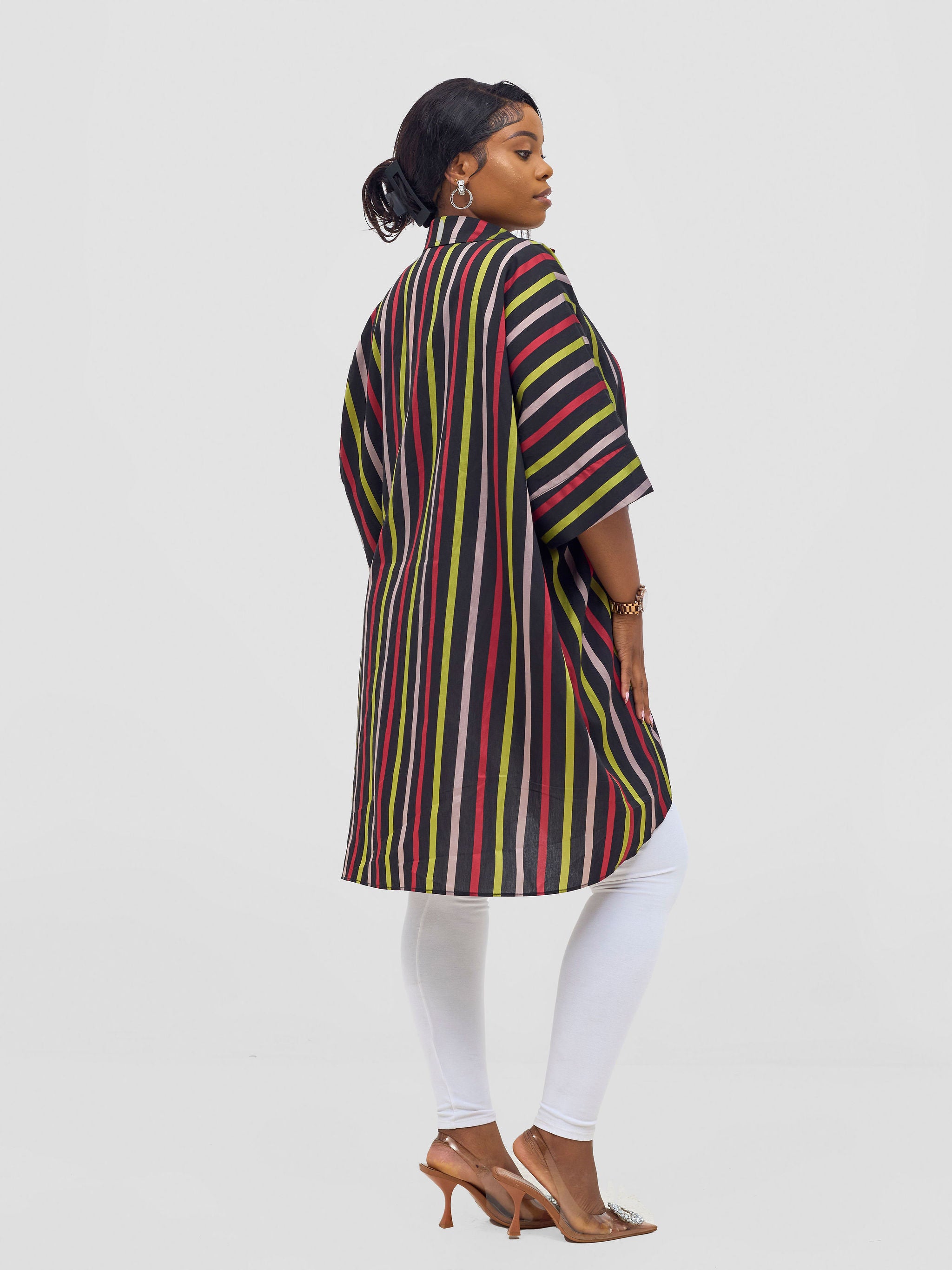 Vivo Mistari 3/4 Sleeve  V - Neck Collared Tunic Top -  Red / Olive Stripes