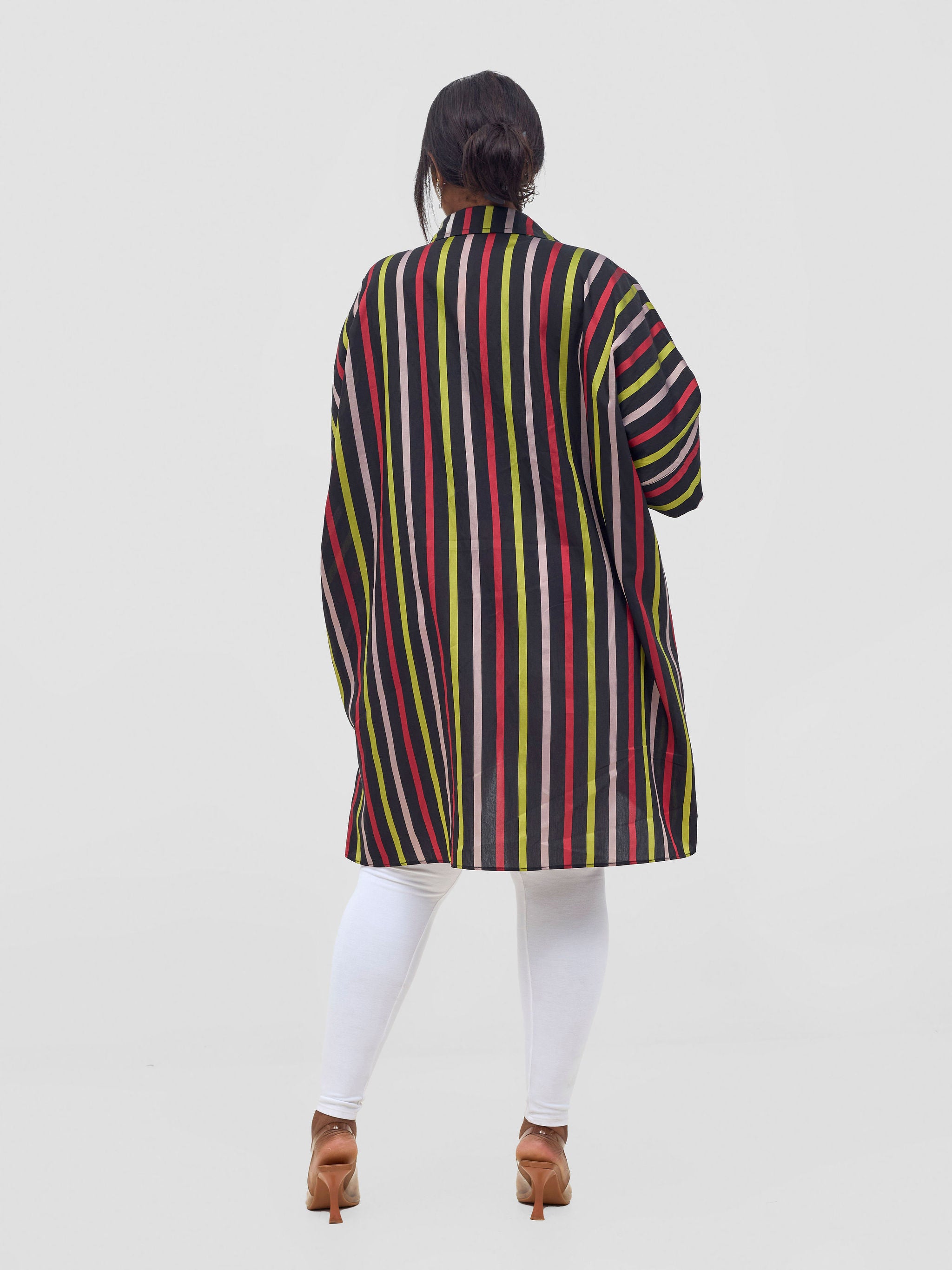 Vivo Mistari 3/4 Sleeve  V - Neck Collared Tunic Top -  Red / Olive Stripes