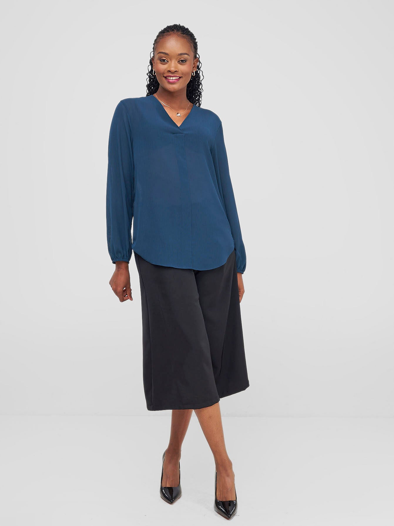 Vivo Dua Long Bishop Sleeve Top - Teal Textured