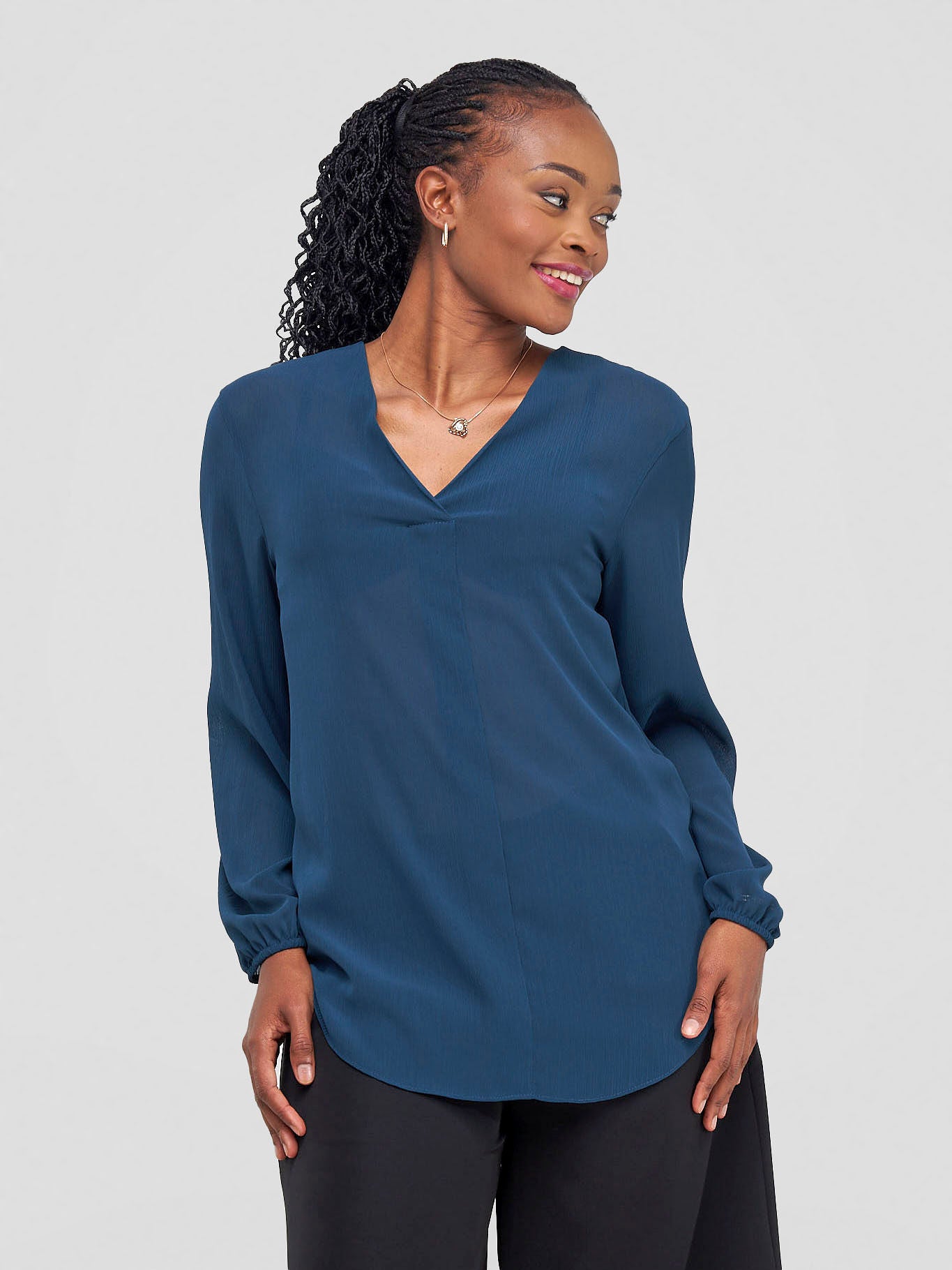 Vivo Dua Long Bishop Sleeve Top - Teal Textured