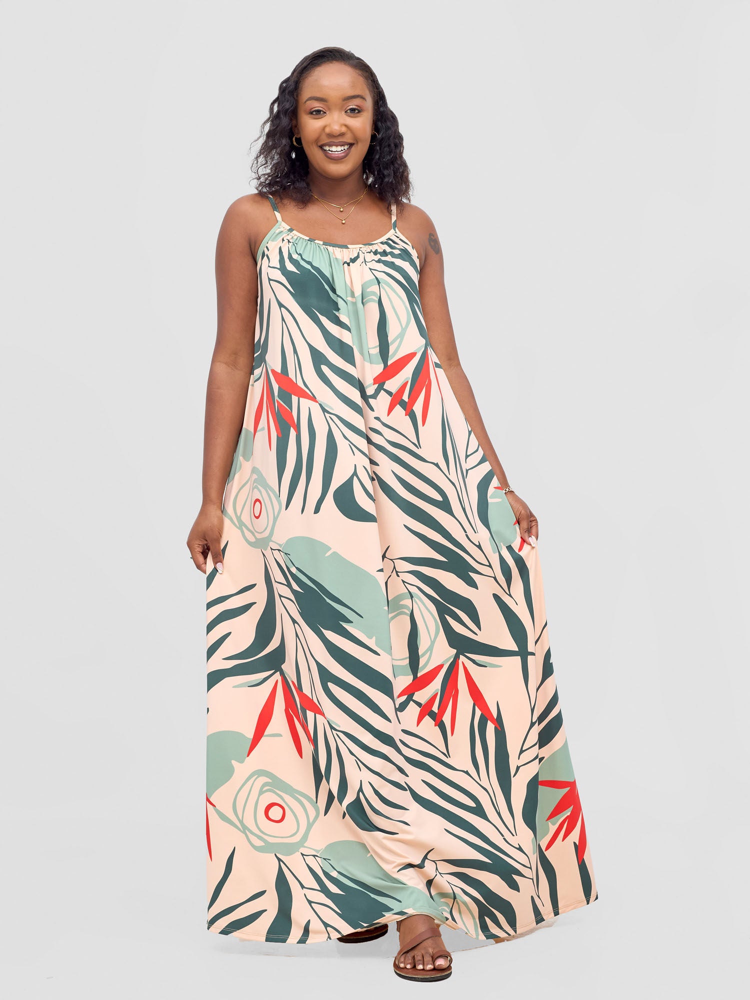 Vivo Sarabi Strappy Low Back Maxi Dress - Peach / Green Deza Print