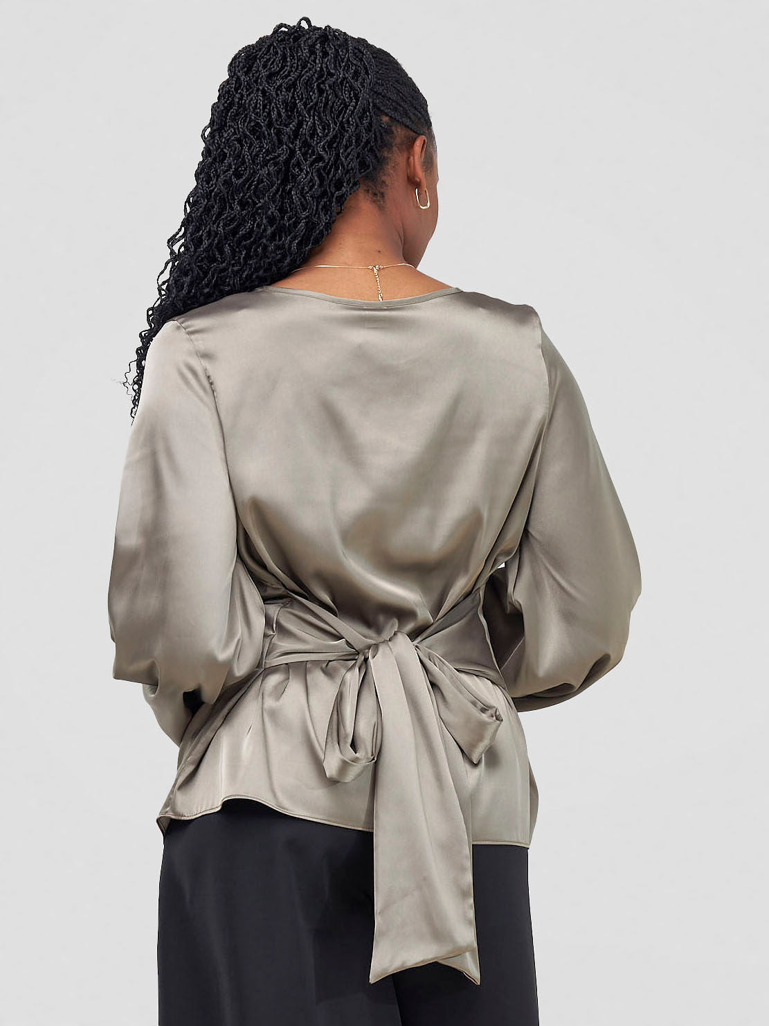 Vivo Izzy Satin Bishop Sleeve Top - Khaki Green