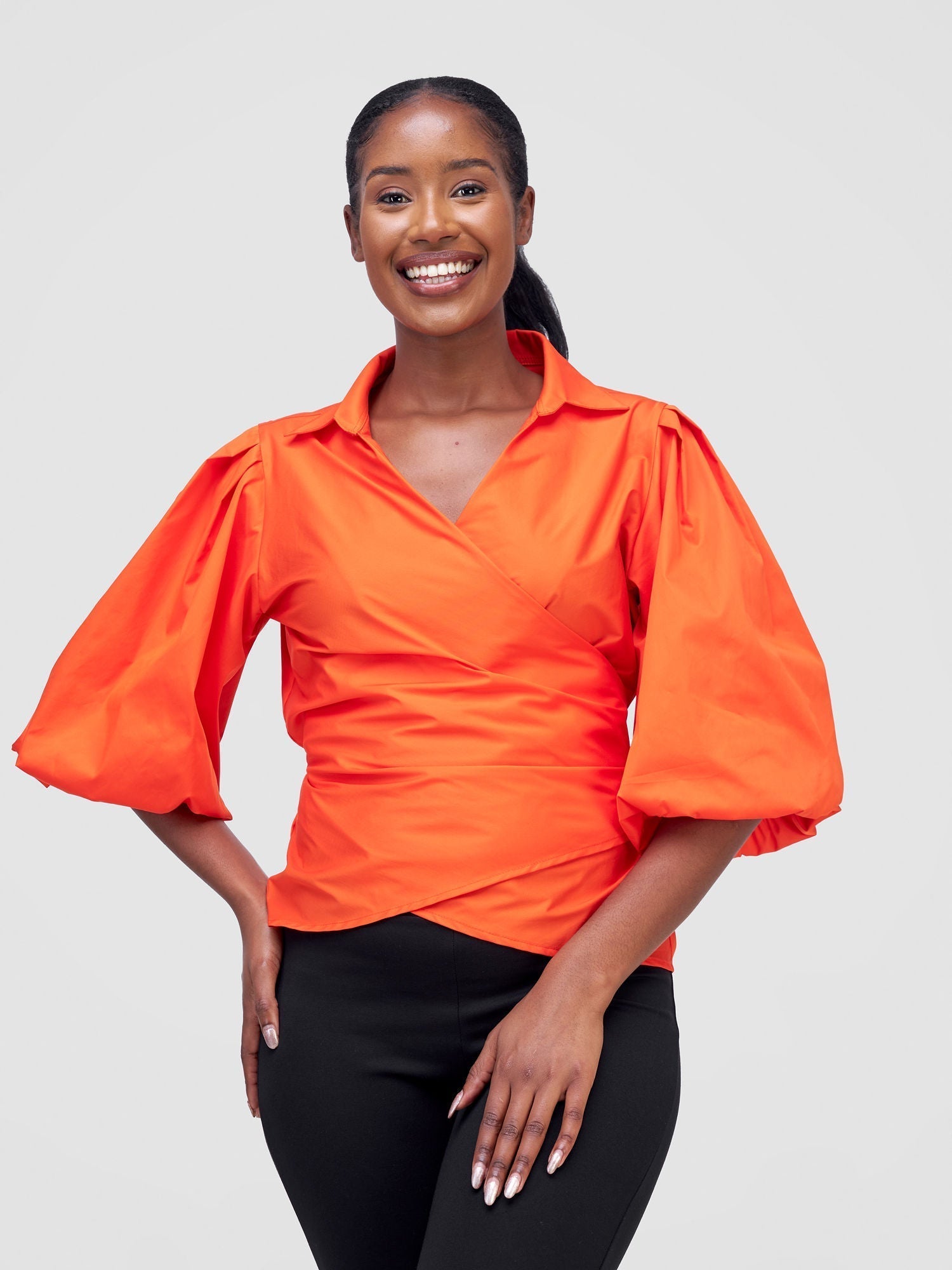 Safari Mali 3/4 Bishop Sleeve Tie Top MG - Orange