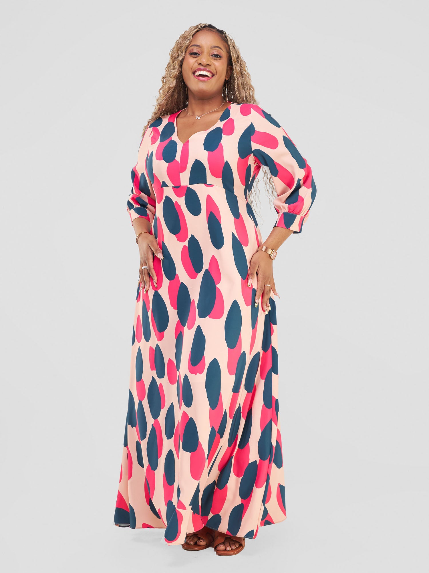 Vivo Hadiya Tie Maxi Dress - Peach / Teal Diya Print