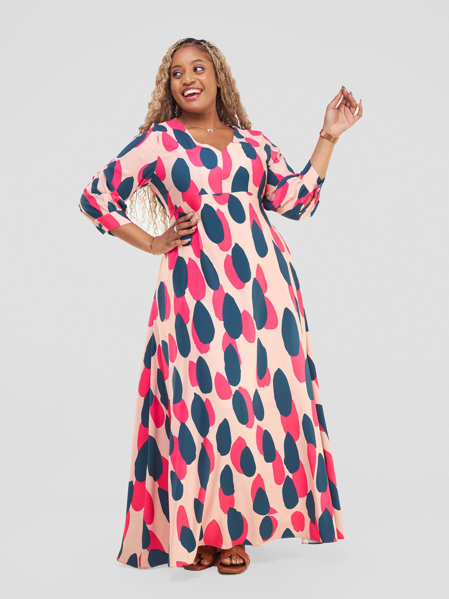 Vivo Hadiya Tie Maxi Dress - Peach / Teal Diya Print