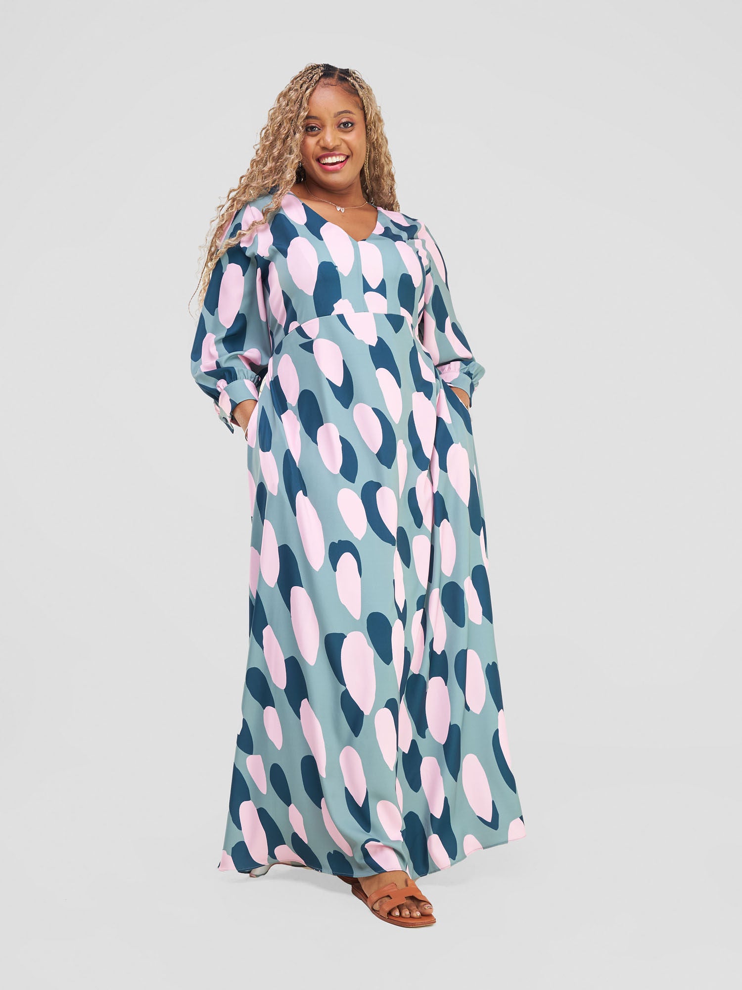 Vivo Hadiya Tie Maxi Dress - Olive / Teal Diya Print