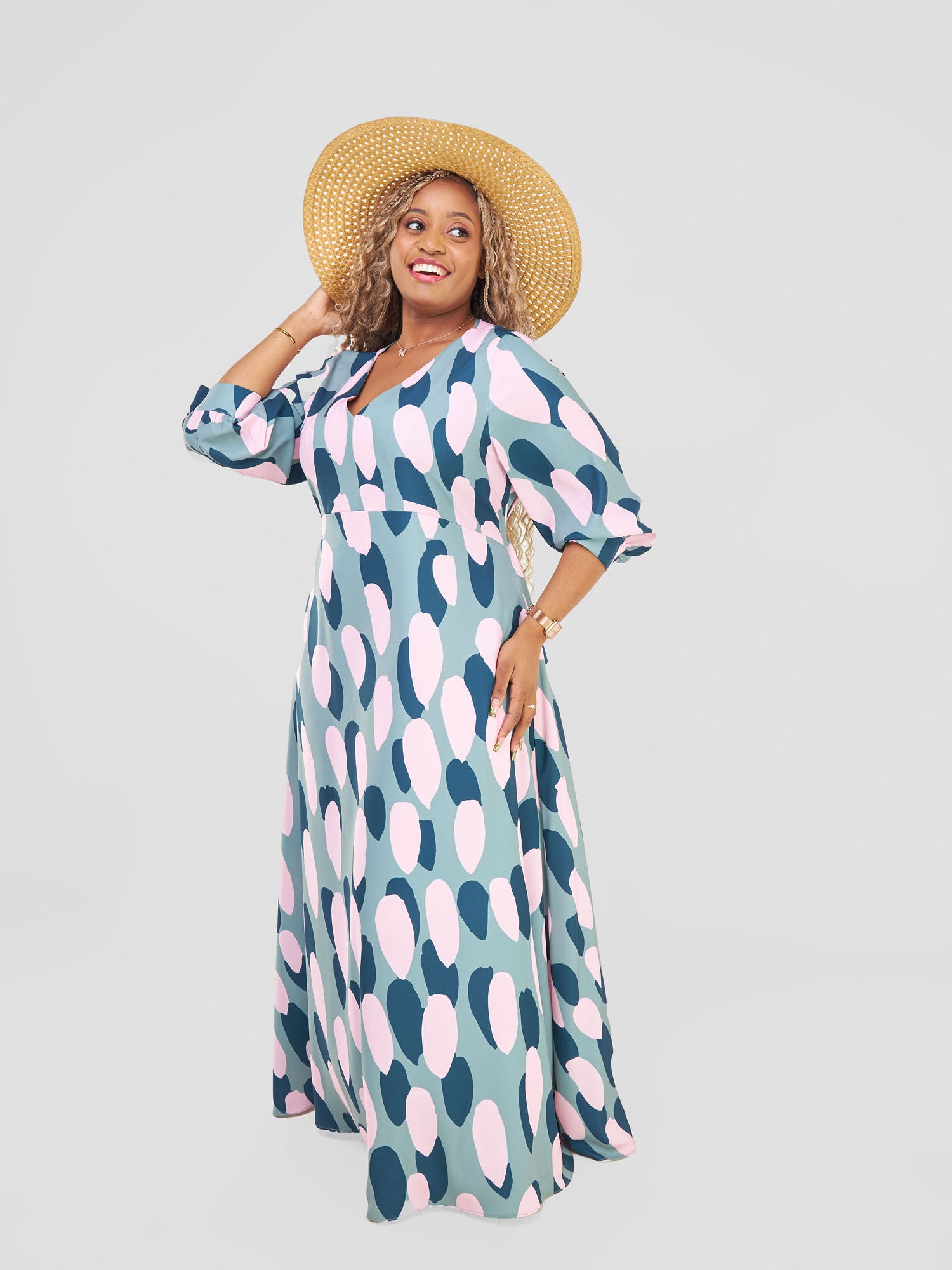 Vivo Hadiya Tie Maxi Dress - Olive / Teal Diya Print