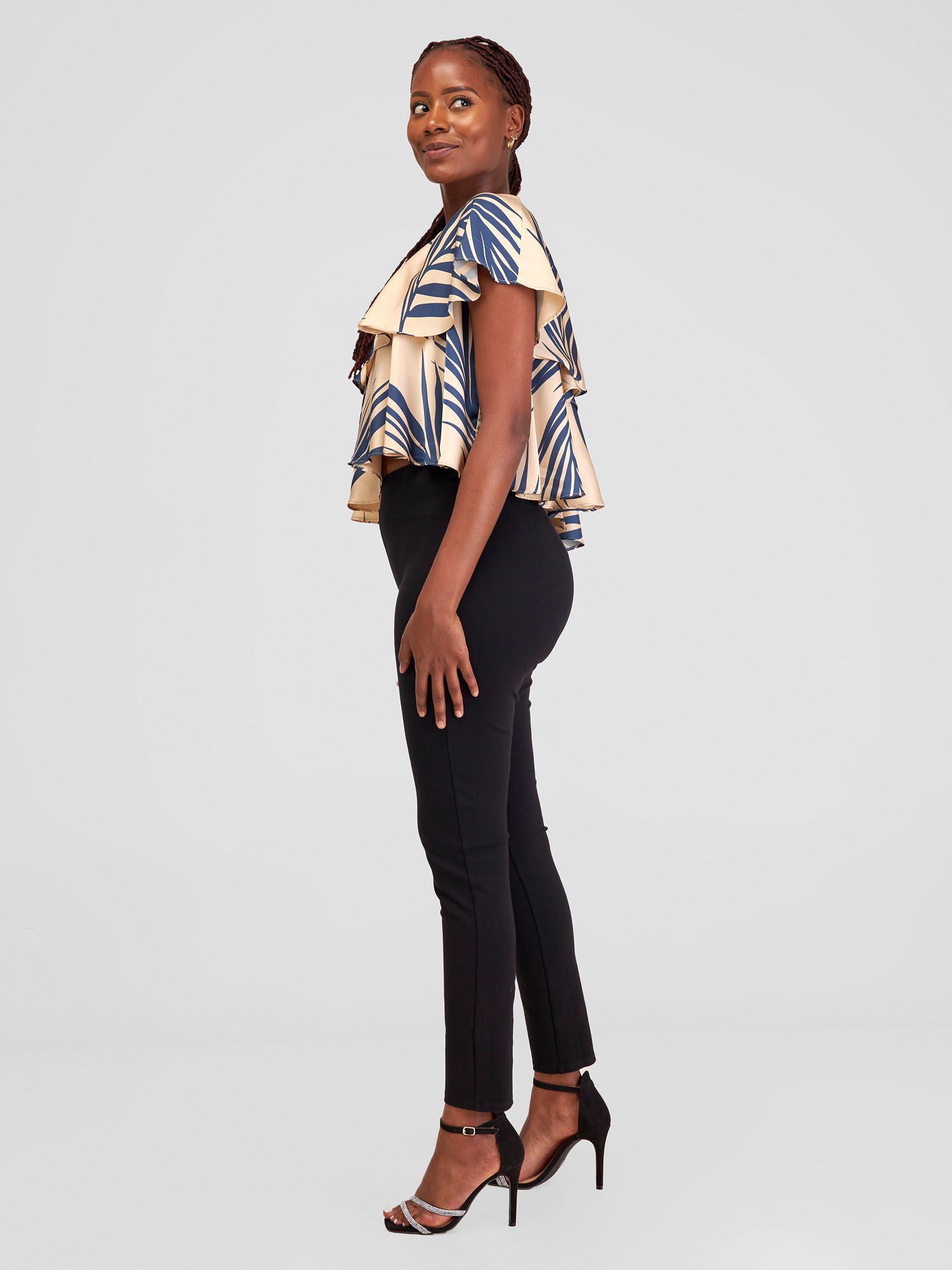 Zoya Naya One Shoulder Flounce Satin Crop Top - Taupe / Navy Siri Print