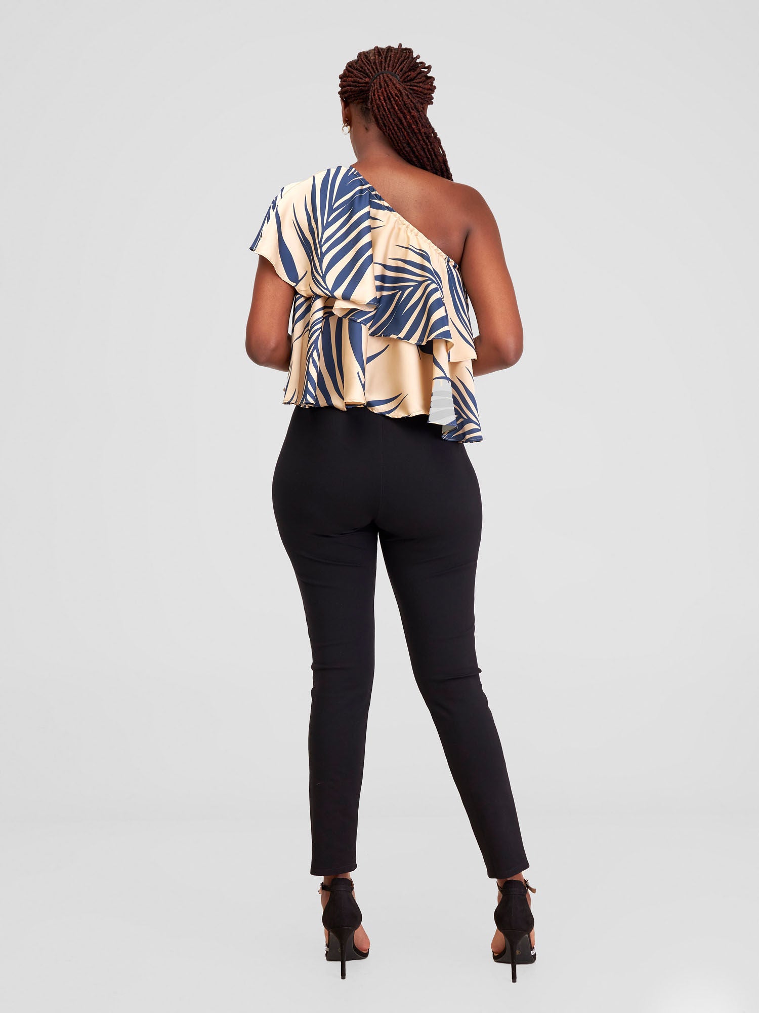 Zoya Naya One Shoulder Flounce Satin Crop Top - Taupe / Navy Siri Print