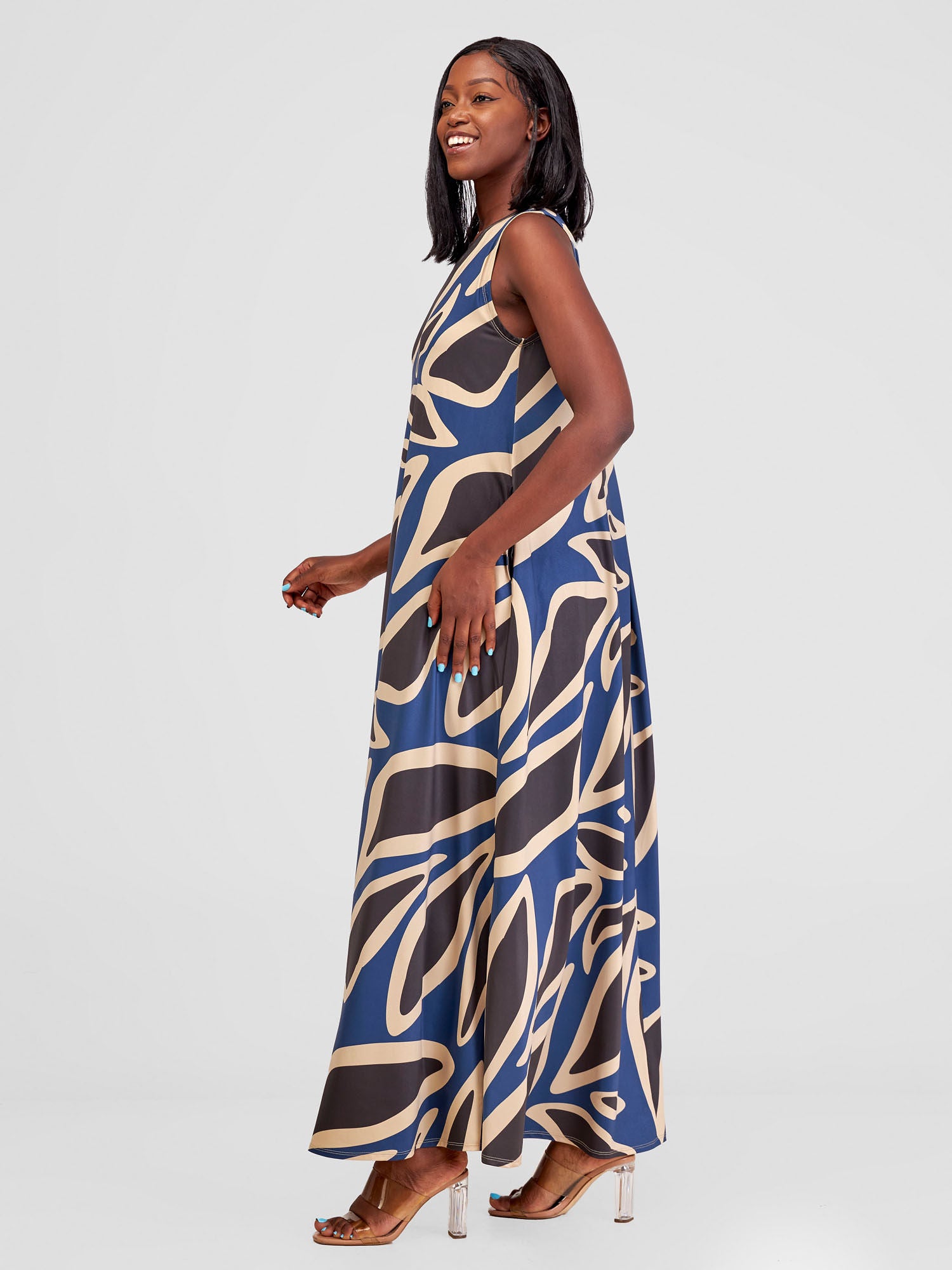 Vivo Lumi Back Pleat Maxi Dress - Navy / Taupe Omo Print