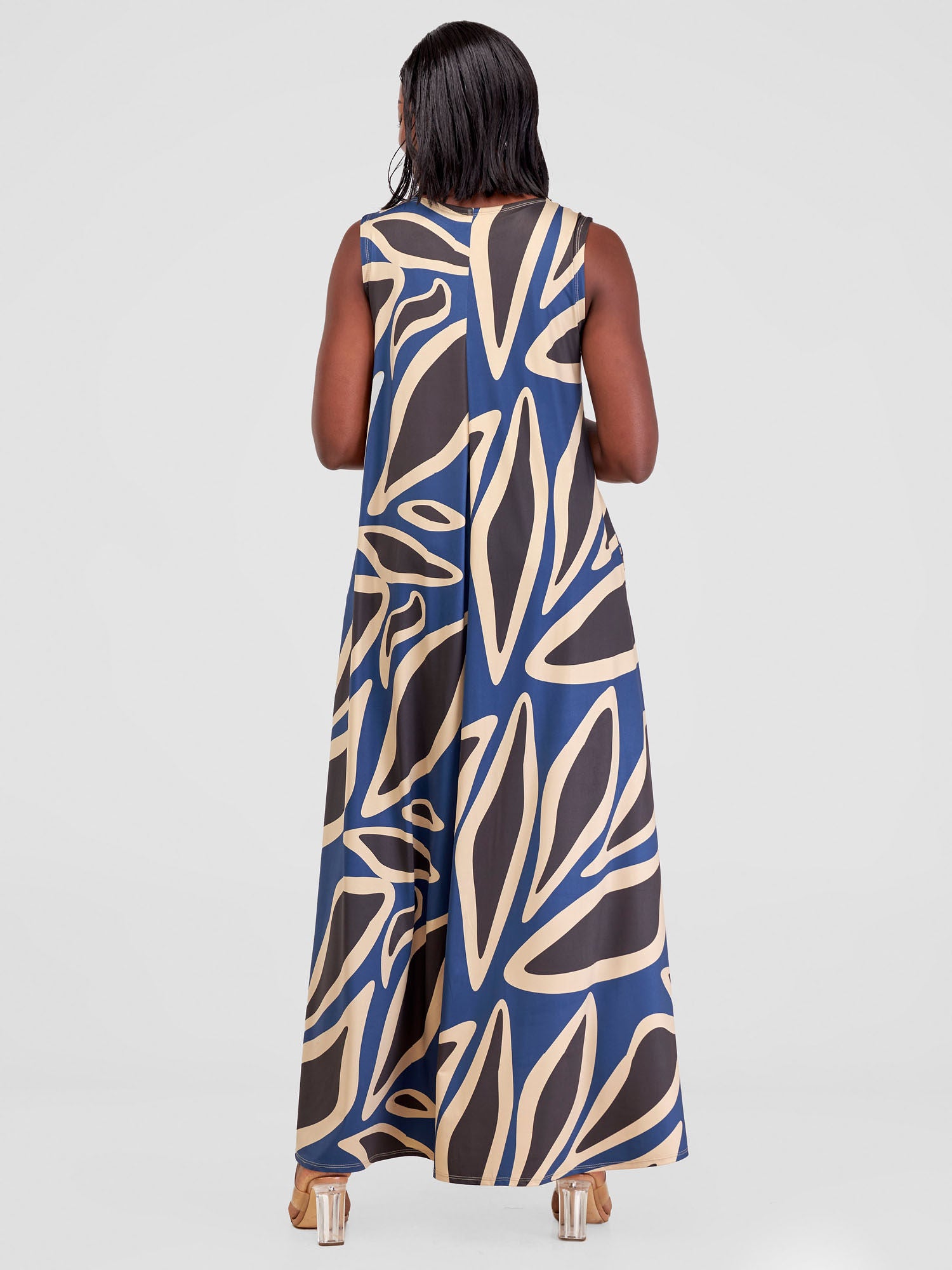 Vivo Lumi Back Pleat Maxi Dress - Navy / Taupe Omo Print