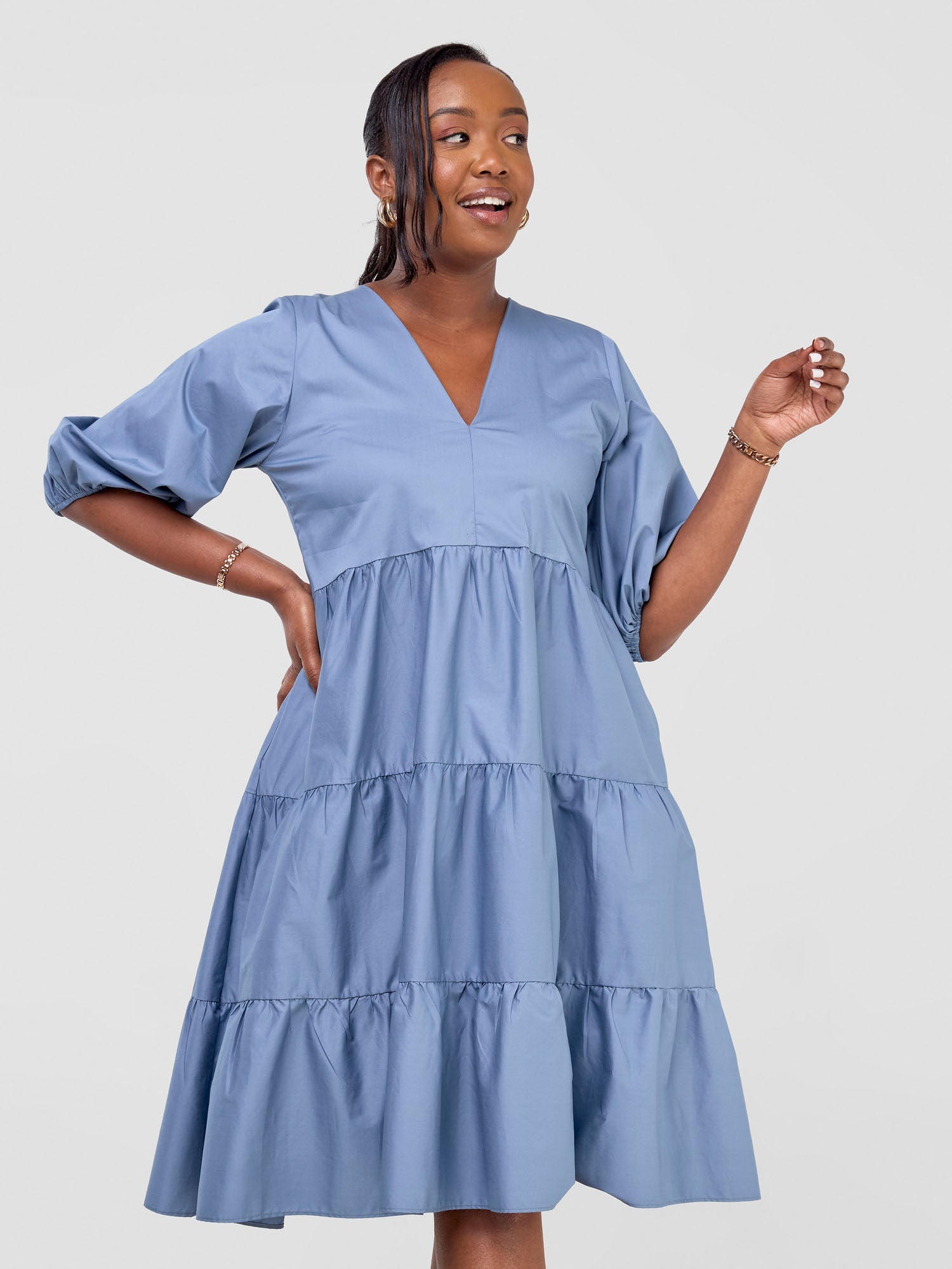 Safari Tawi Bishop Sleeve Tiered Dress - Blue
