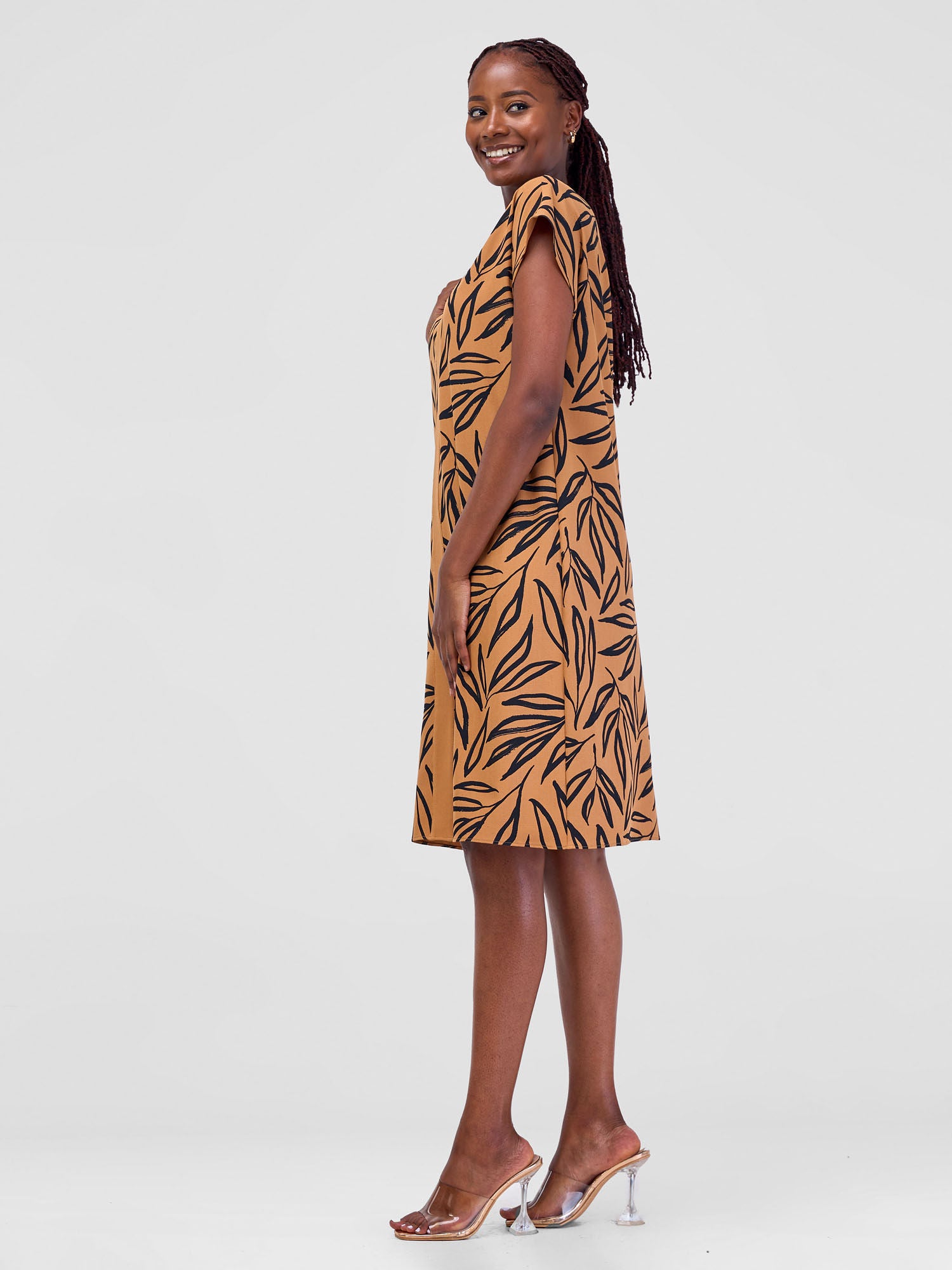 Vivo Ajani Drop Shoulder V-Neck Dress - Gold / Black Kasai Print
