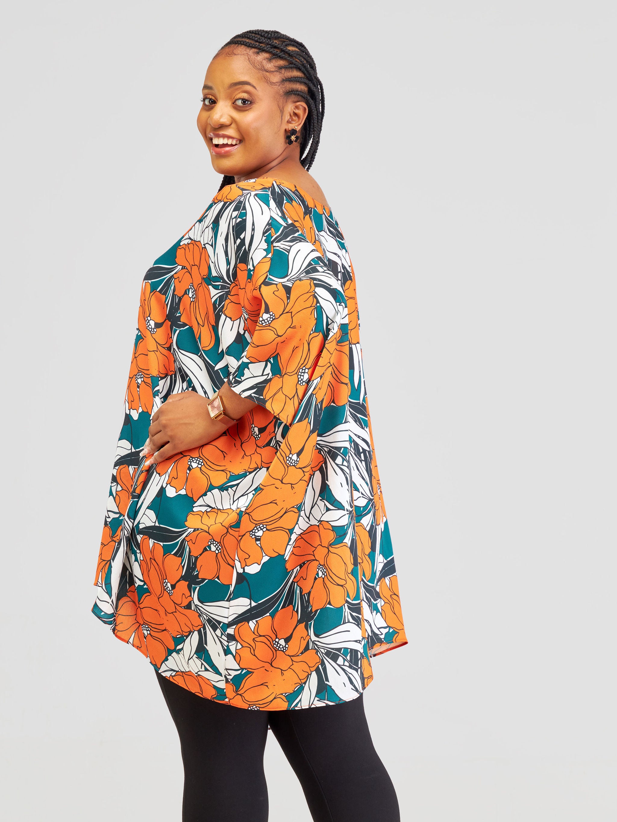 Vivo Liv Wide Crepe Top - Orange / Green Print