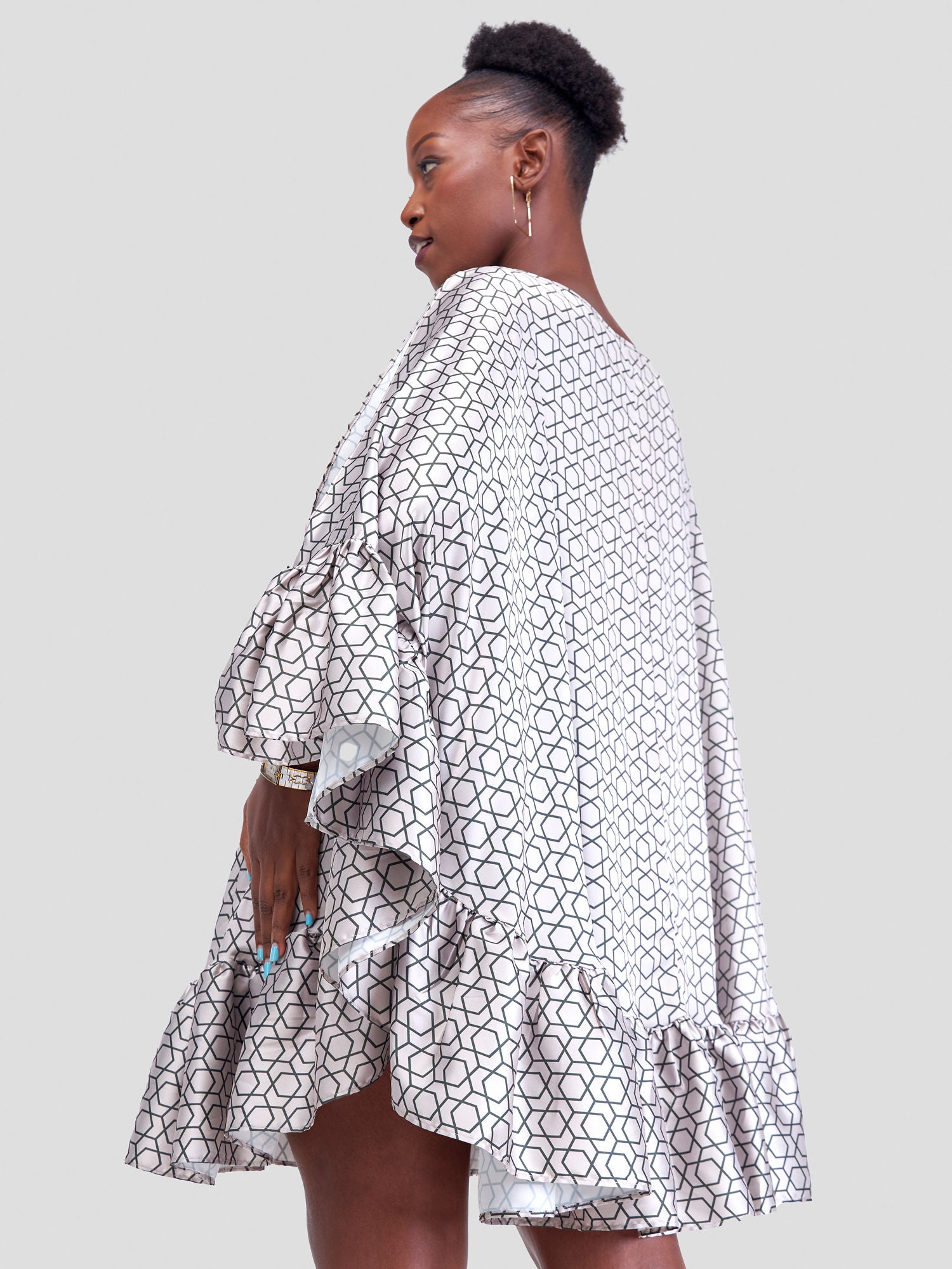 Vivo Malindi Tunic Dress With Frills - Taupe / Olive Duku Print