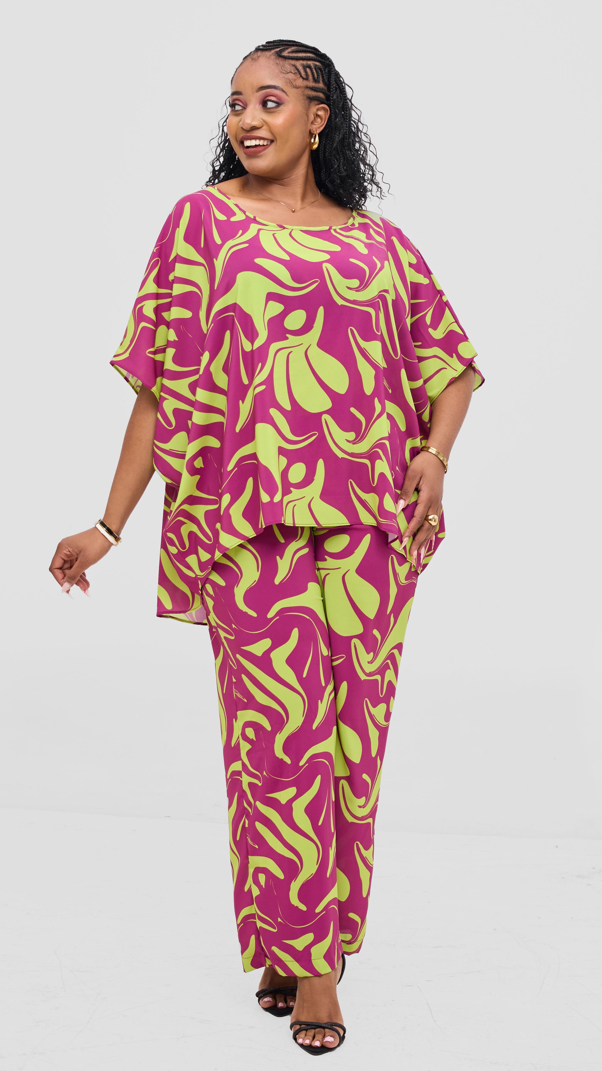 Vivo Maisha Wide High Low Top - Burgundy / Lime Print
