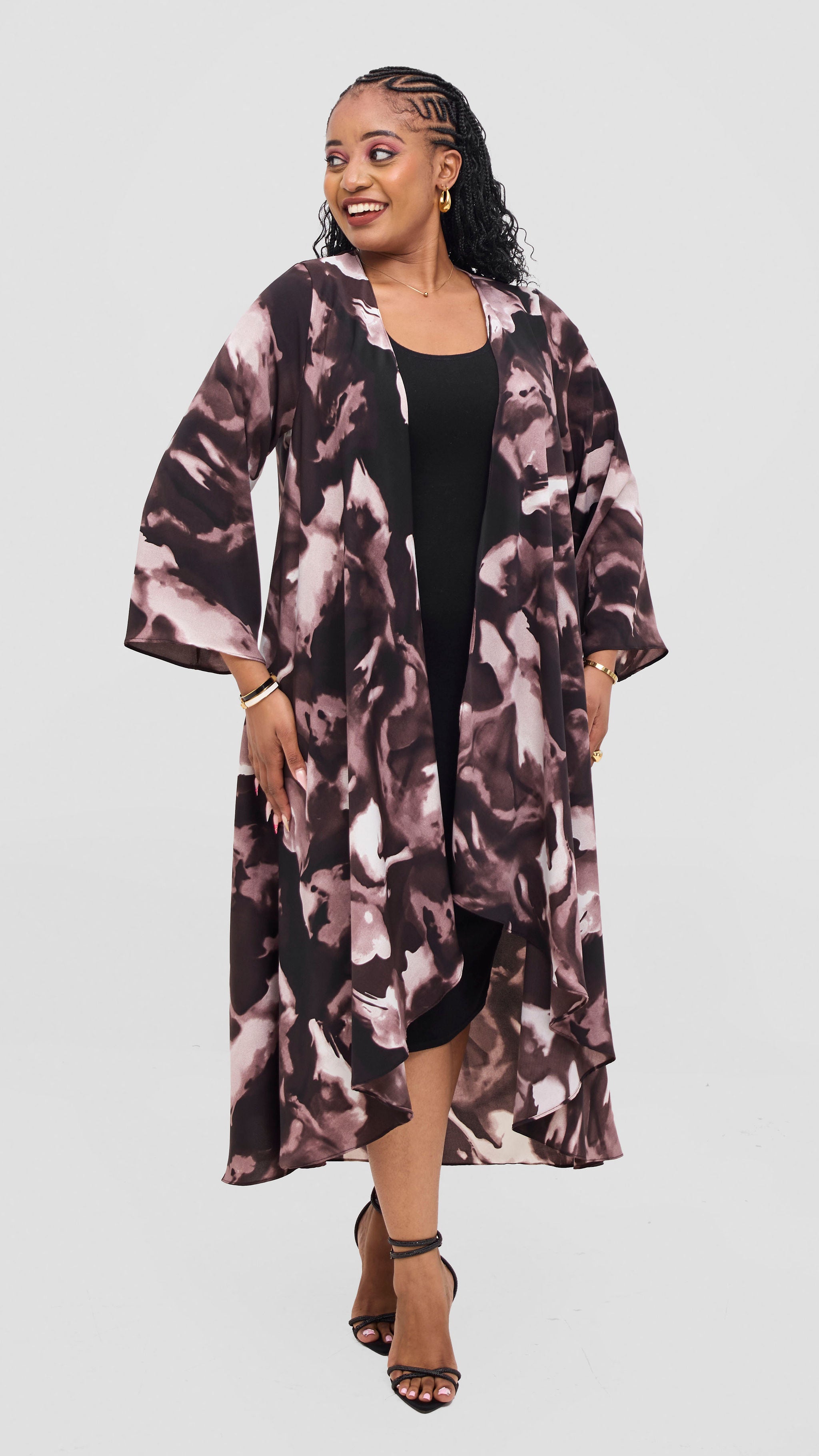 Vivo Maisha Long Sleeve High Low Kimono - Brown / Taupe Nea Print