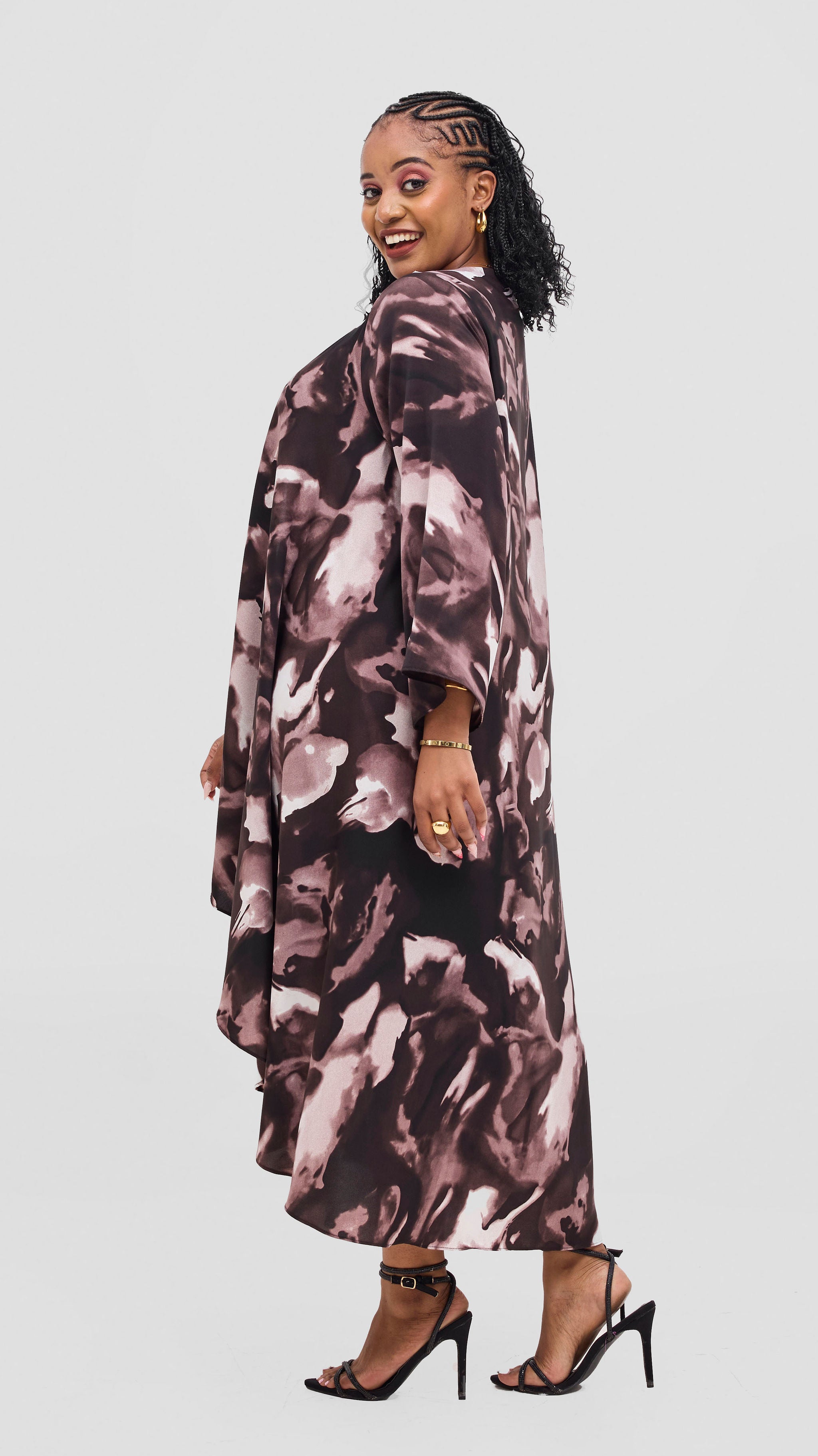 Vivo Maisha Long Sleeve High Low Kimono - Brown / Taupe Nea Print