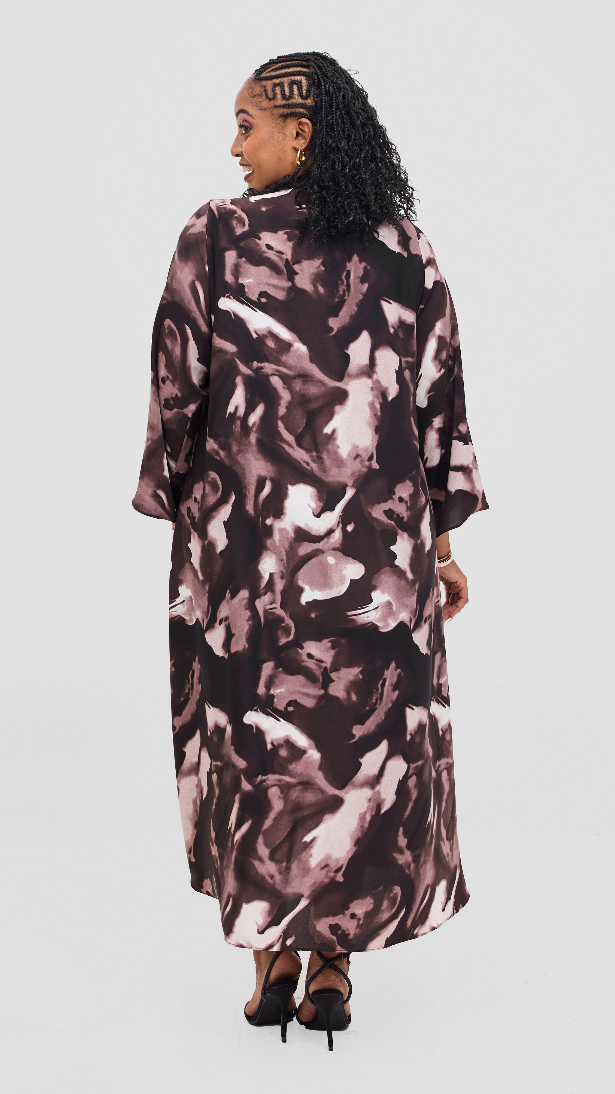 Vivo Maisha Long Sleeve High Low Kimono - Brown / Taupe Nea Print