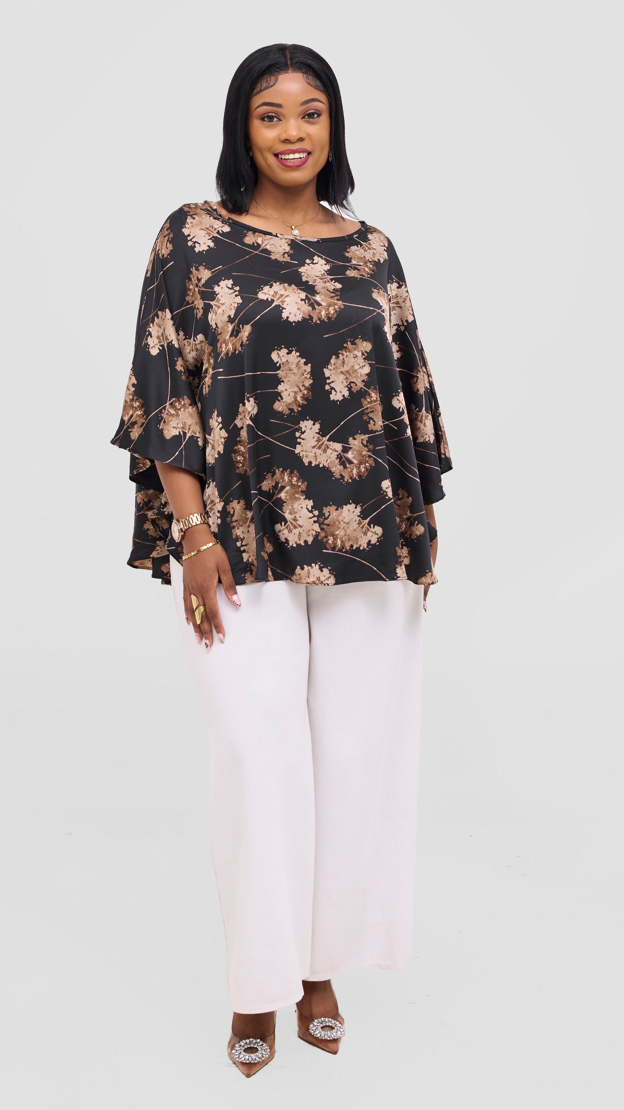 Vivo Keza Circular Loose Top - Black / Taupe Aez Print