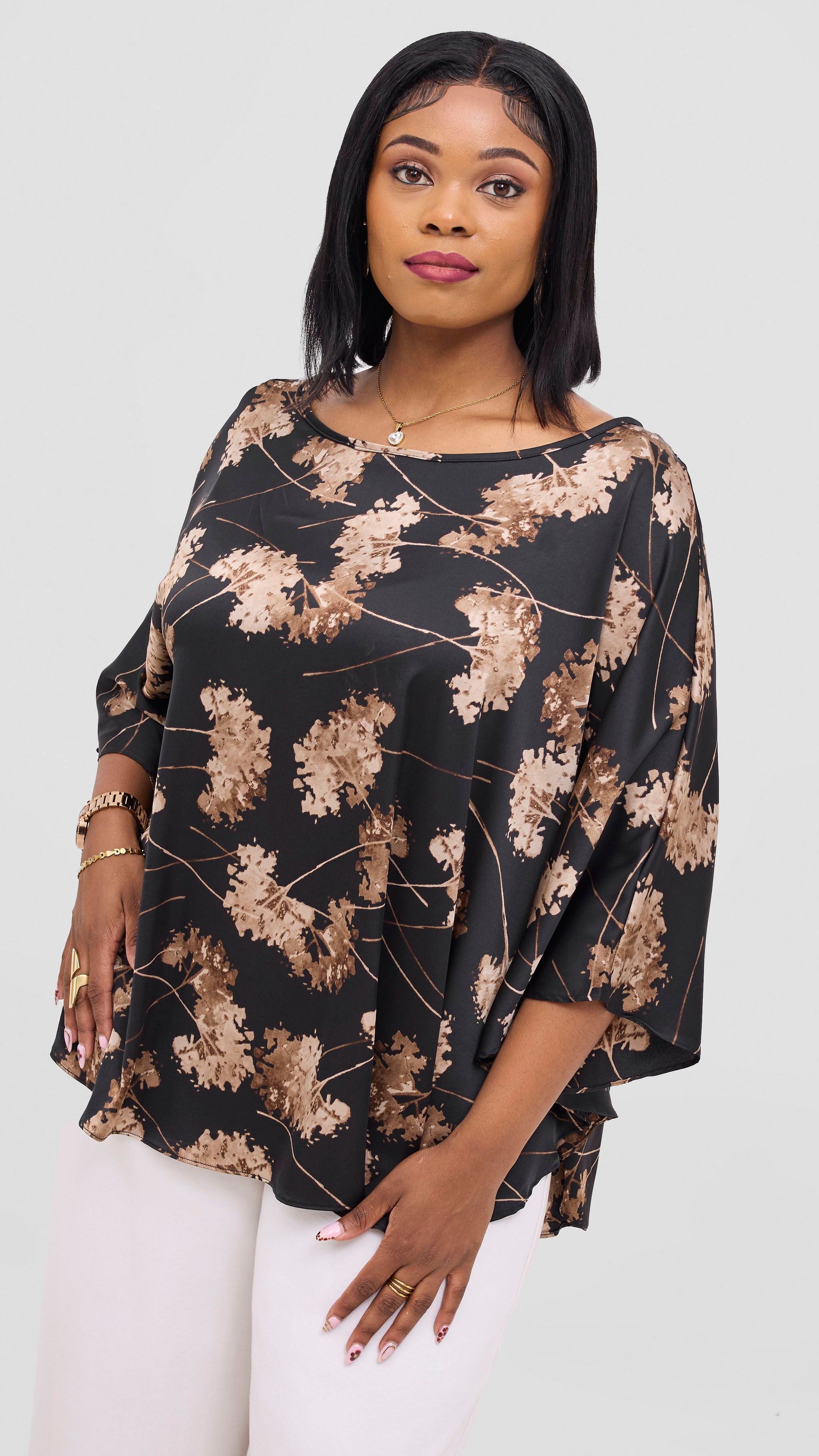 Vivo Keza Circular Loose Top - Black / Taupe Aez Print