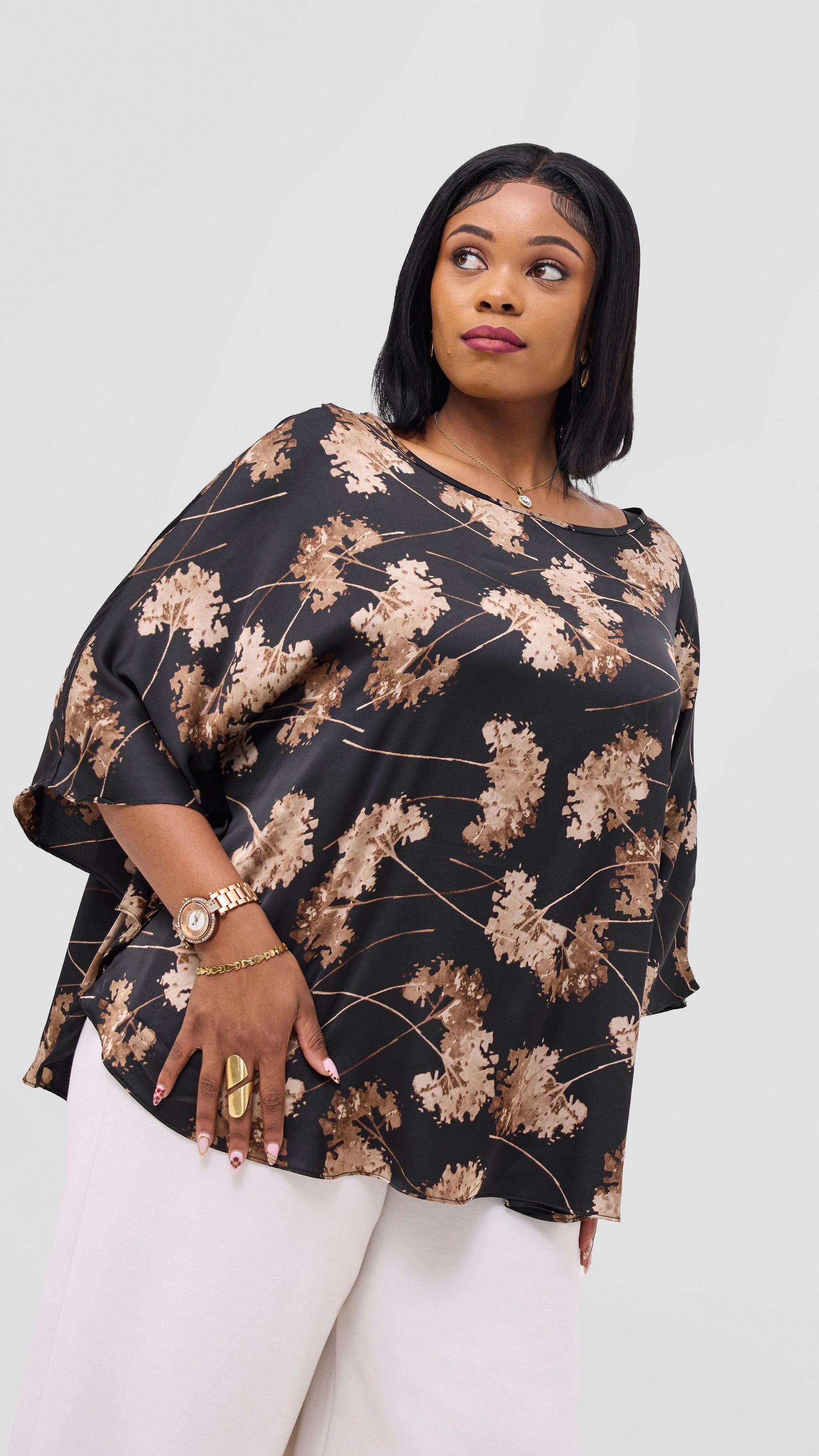 Vivo Keza Circular Loose Top - Black / Taupe Aez Print