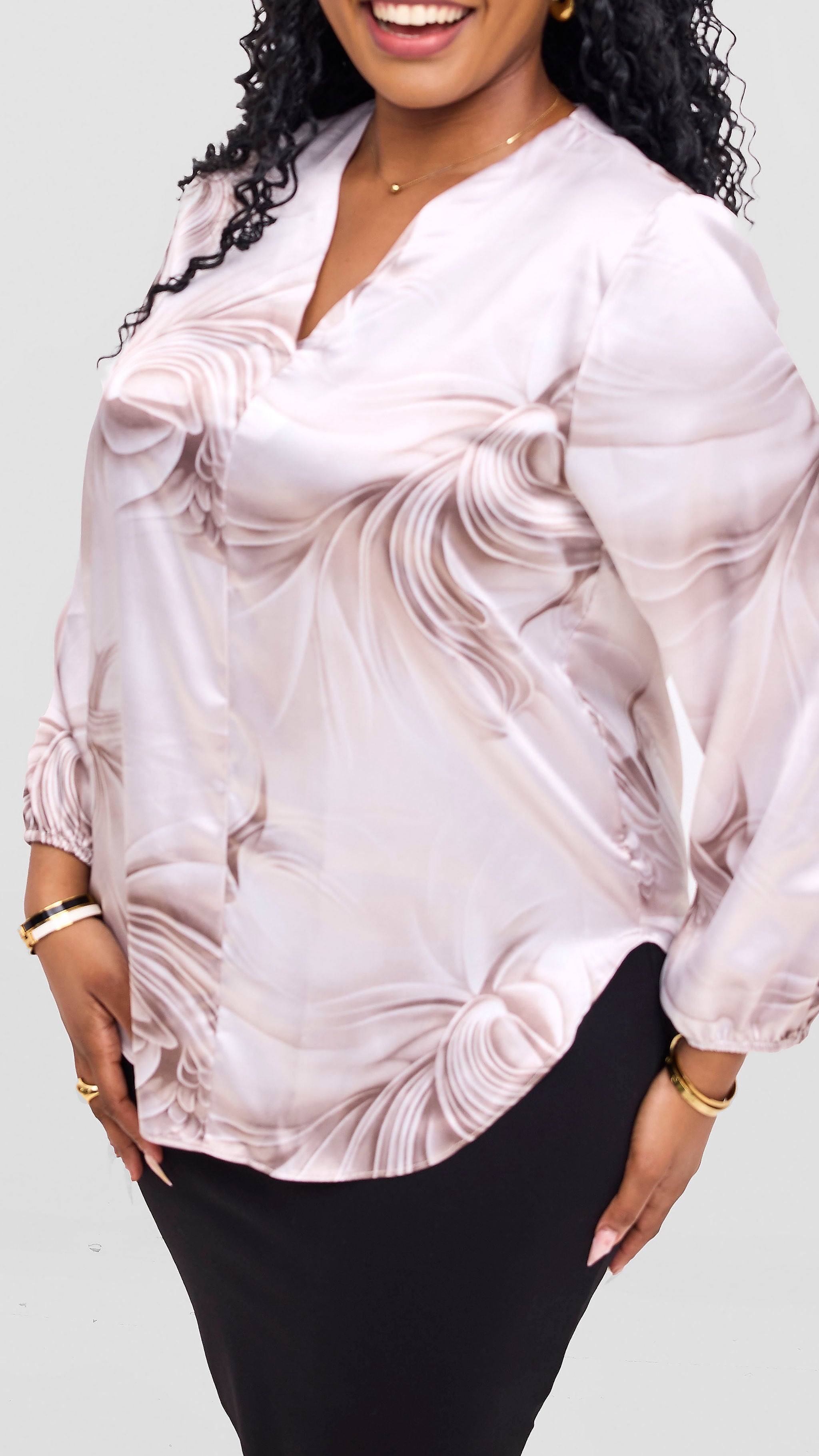 Vivo Dua Satin Bishop Sleeve Top - White / Grey Print