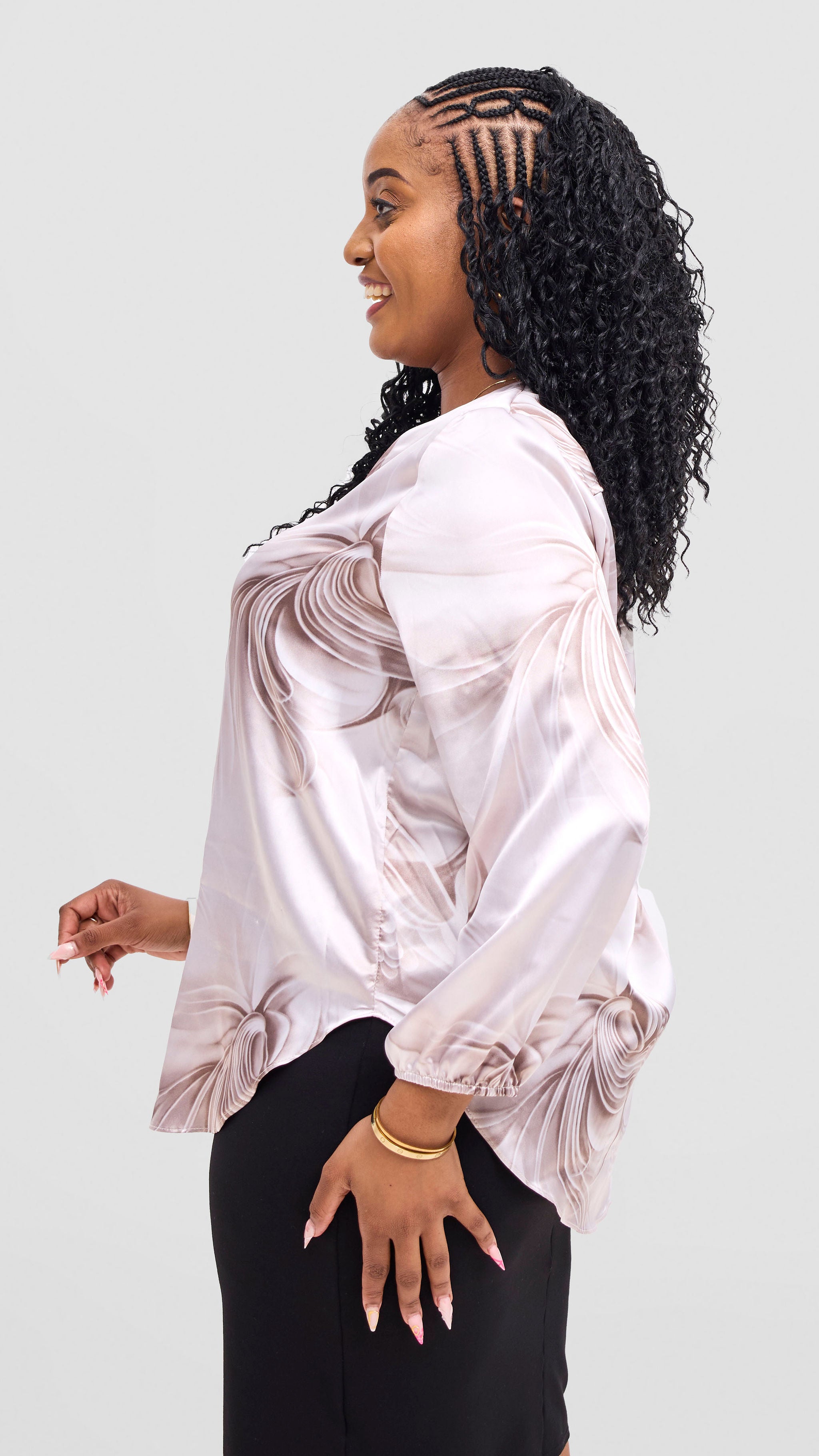 Vivo Dua Satin Bishop Sleeve Top - White / Grey Print
