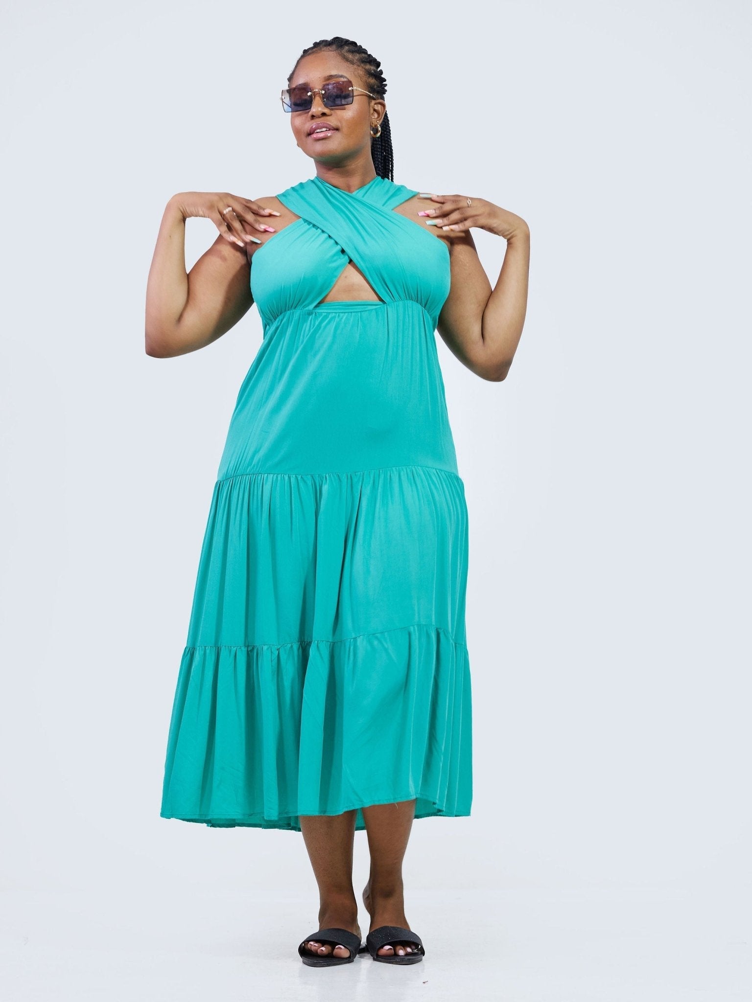 Anika Infinity Neck Open Back Maxi Dress - Teal - Shopzetu