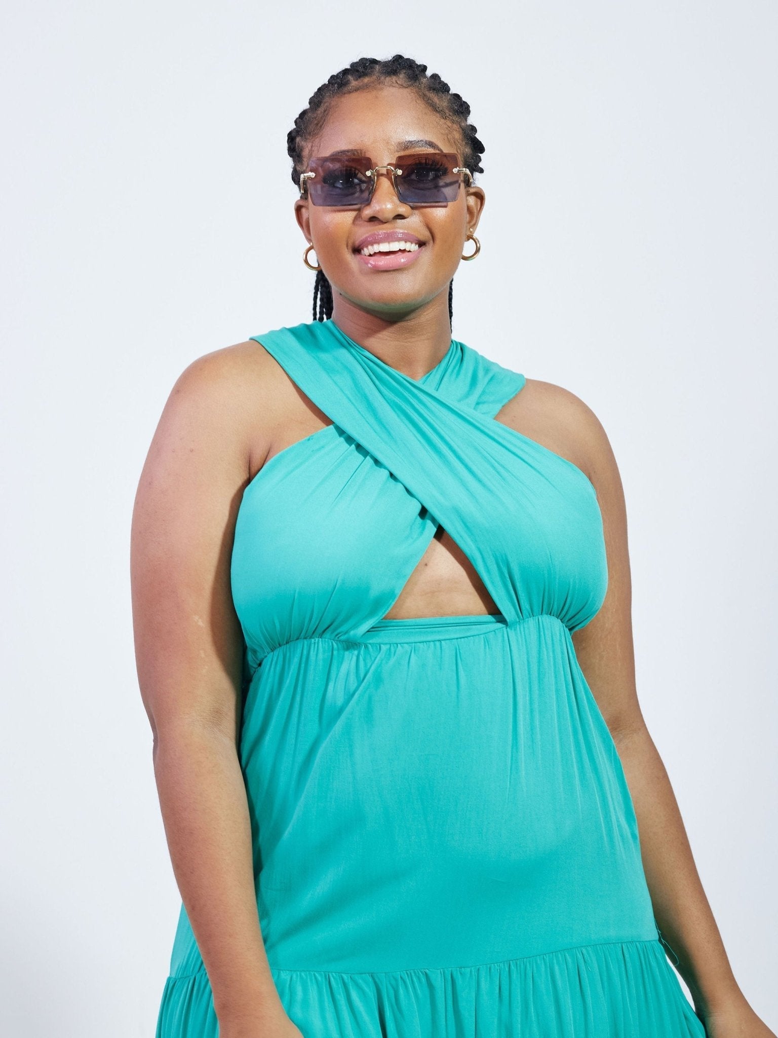 Anika Infinity Neck Open Back Maxi Dress - Teal - Shopzetu