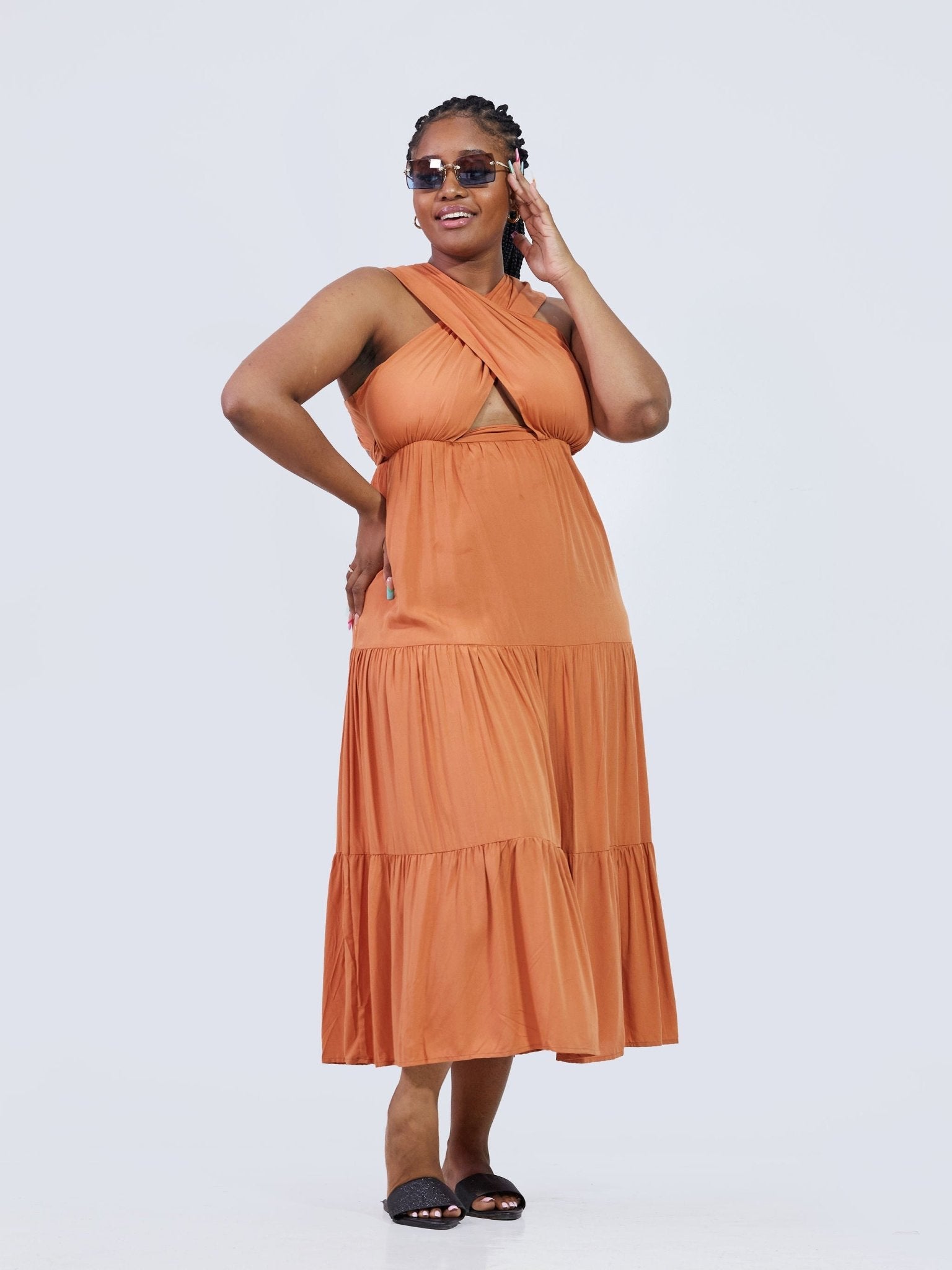 Anika Infinity Neck Open Back Maxi Dress - Orange - Shopzetu