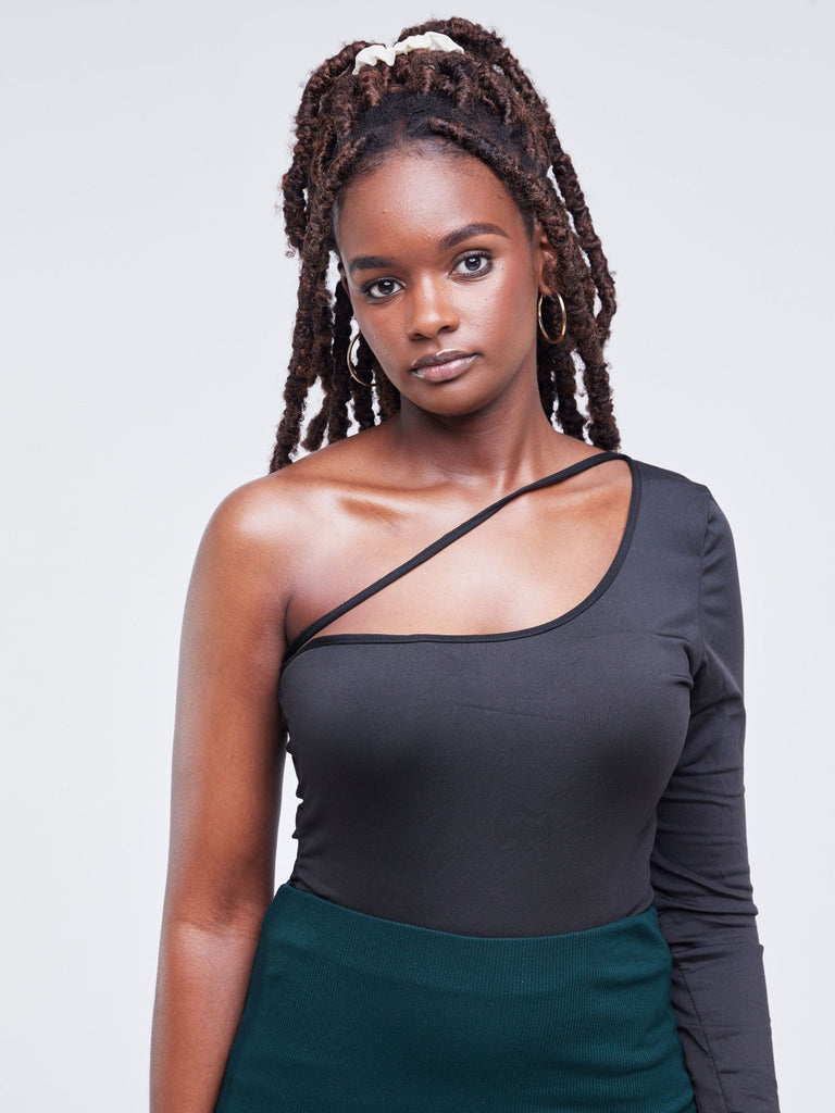Lola Black Cut-out One Shoulder Bodysuit Top - Black - Shopzetu