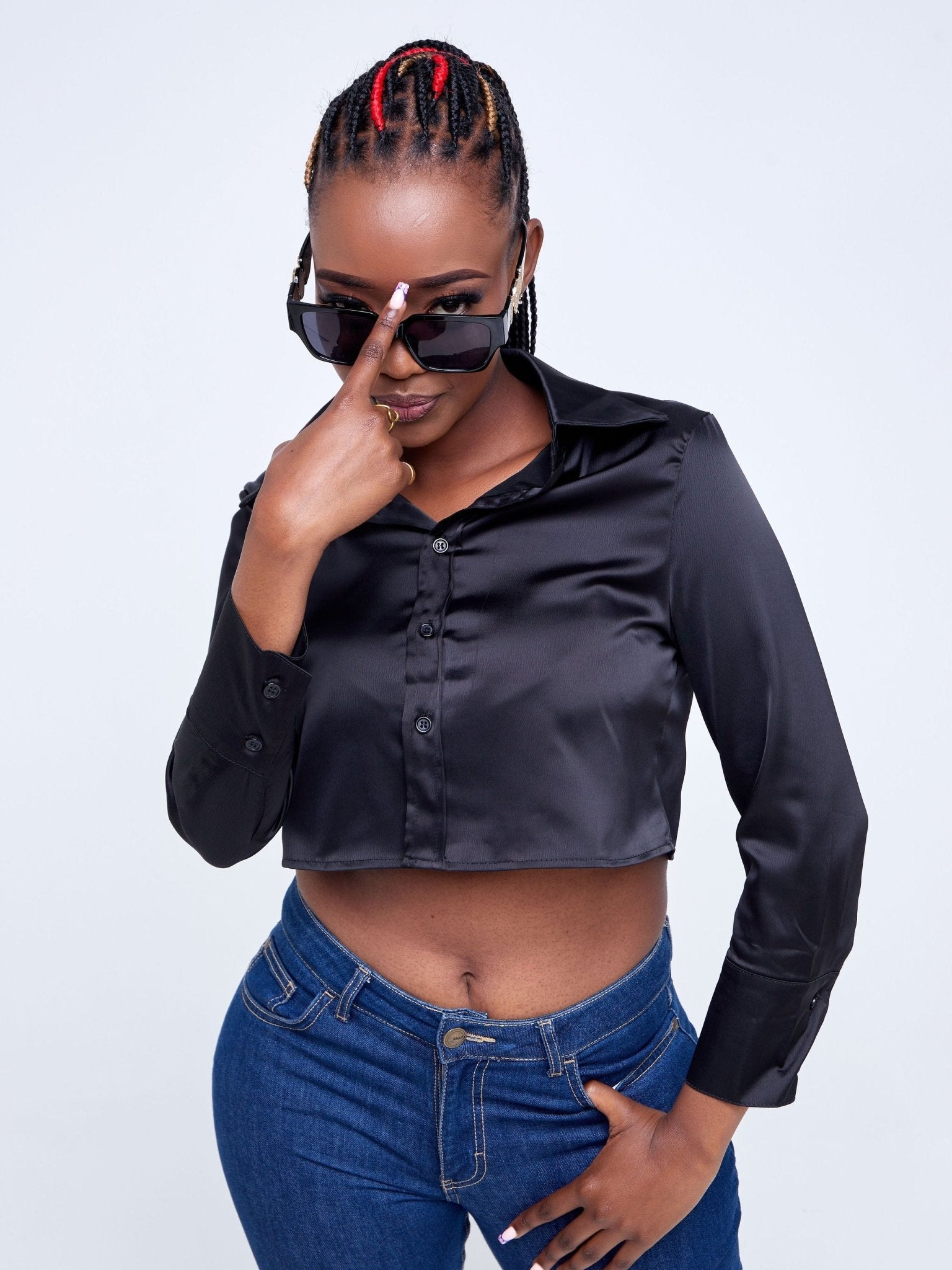 Lola Satin Crop Shirt - Black - Shopzetu