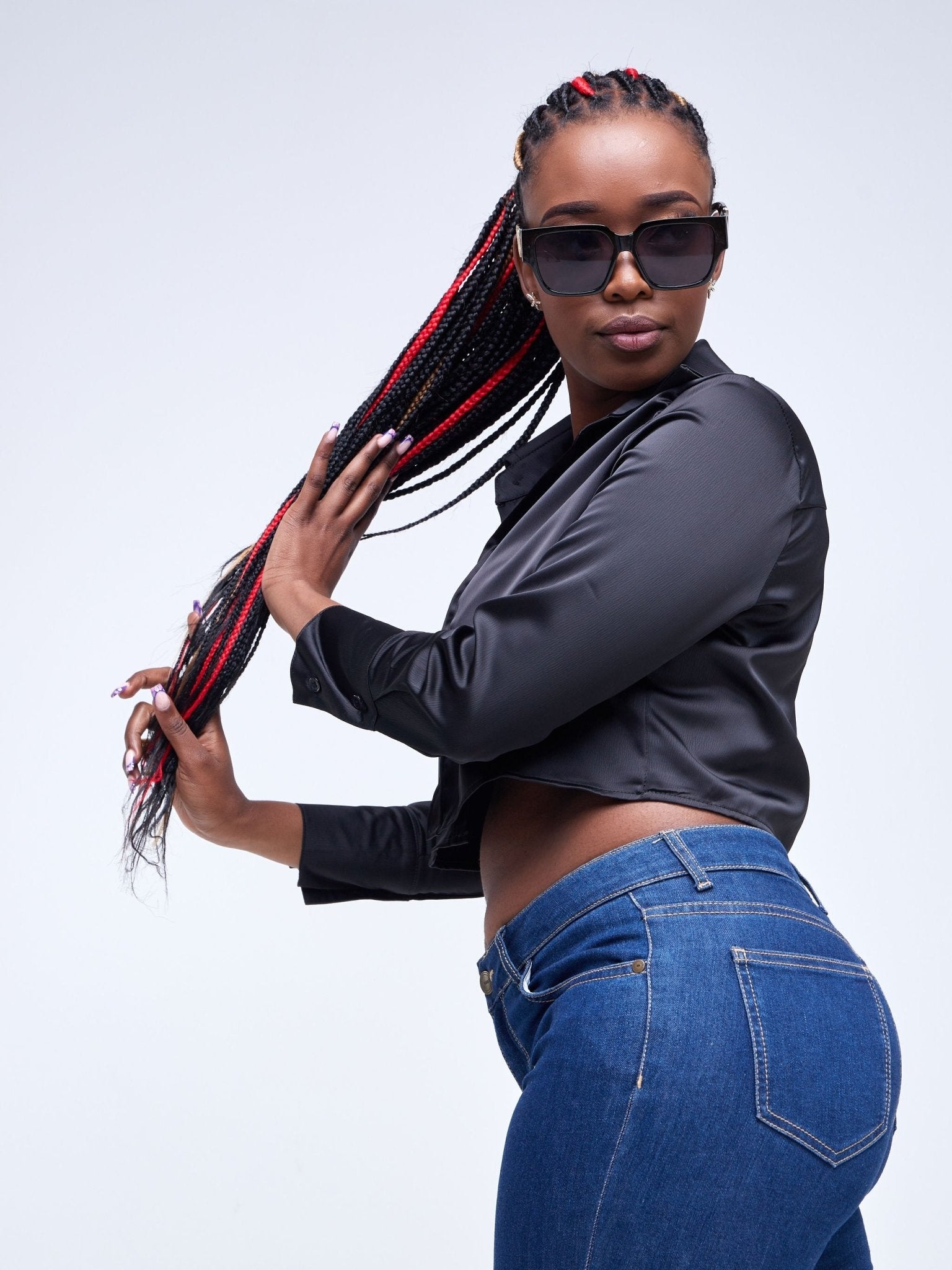 Lola Satin Crop Shirt - Black - Shopzetu