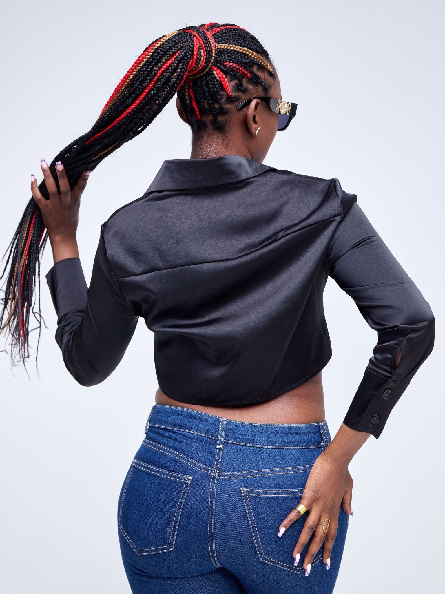 Lola Satin Crop Shirt - Black - Shopzetu