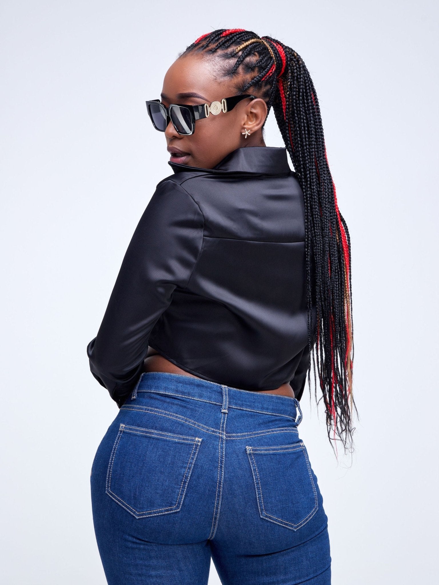 Lola Satin Crop Shirt - Black - Shopzetu