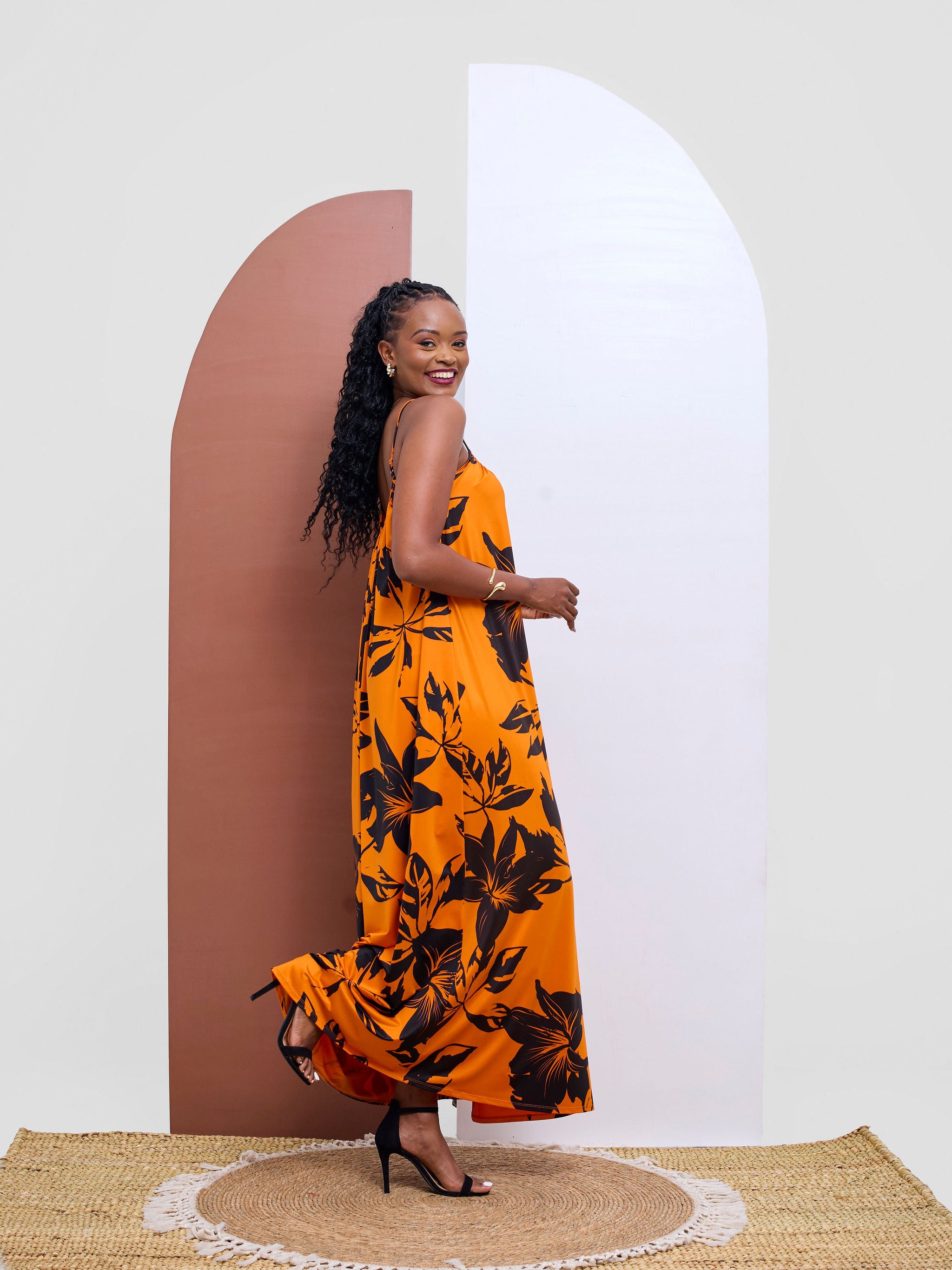 Vivo Sarabi Strappy Low Back Maxi Dress - Orange / Black Print