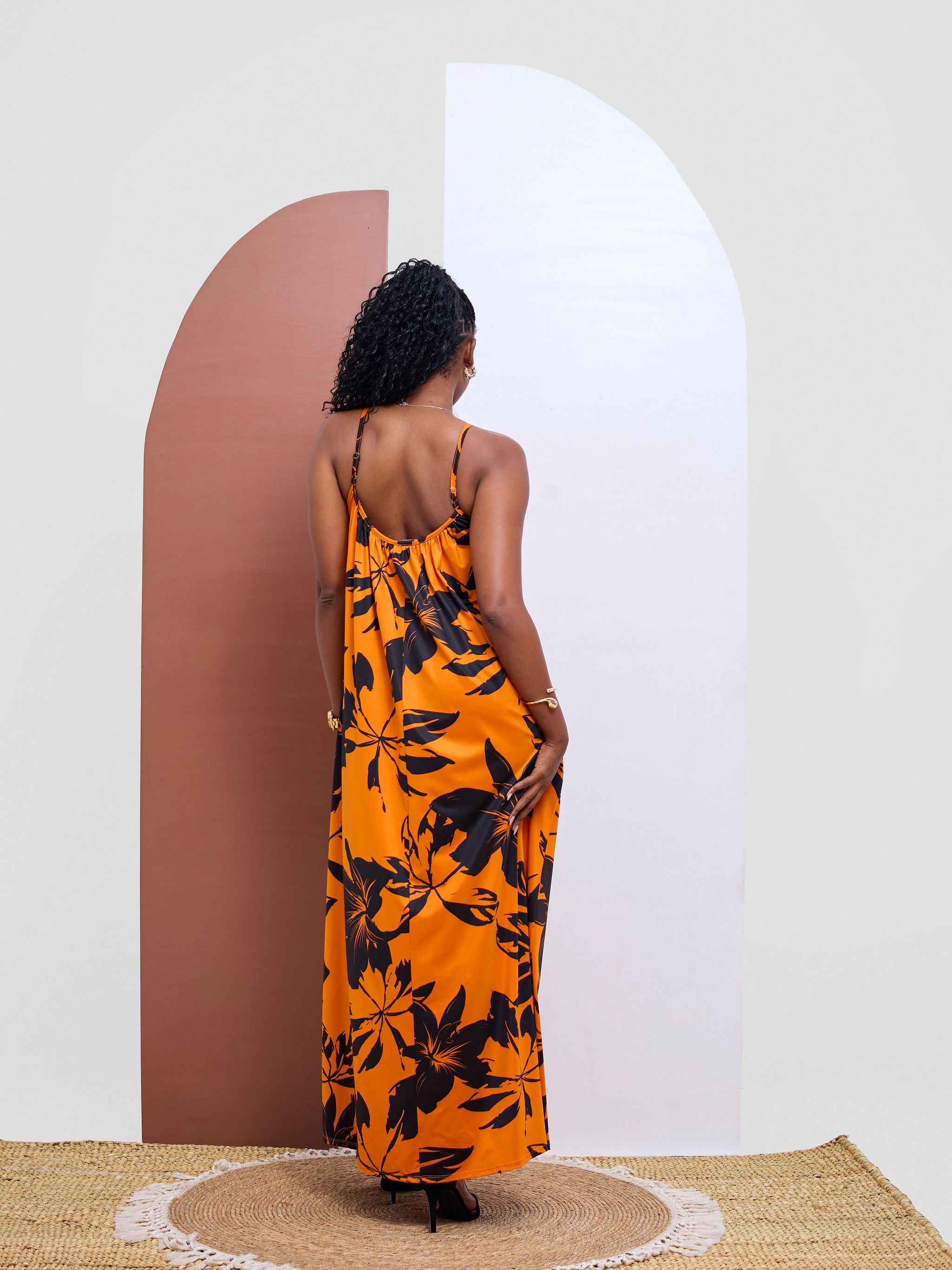 Vivo Sarabi Strappy Low Back Maxi Dress - Orange / Black Print