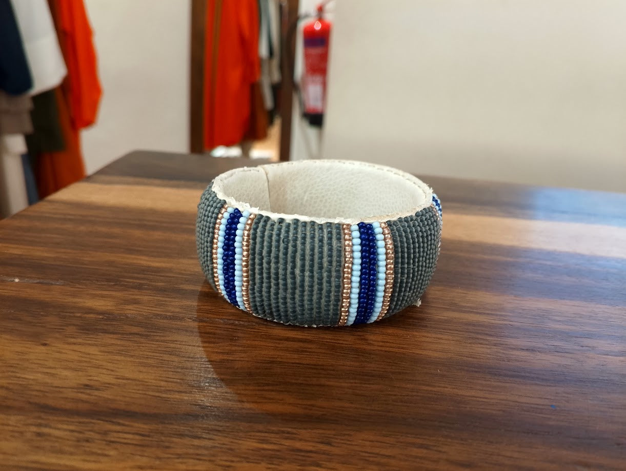Lisa Leather Beaded Bracelet - Multi-Grey / Navy