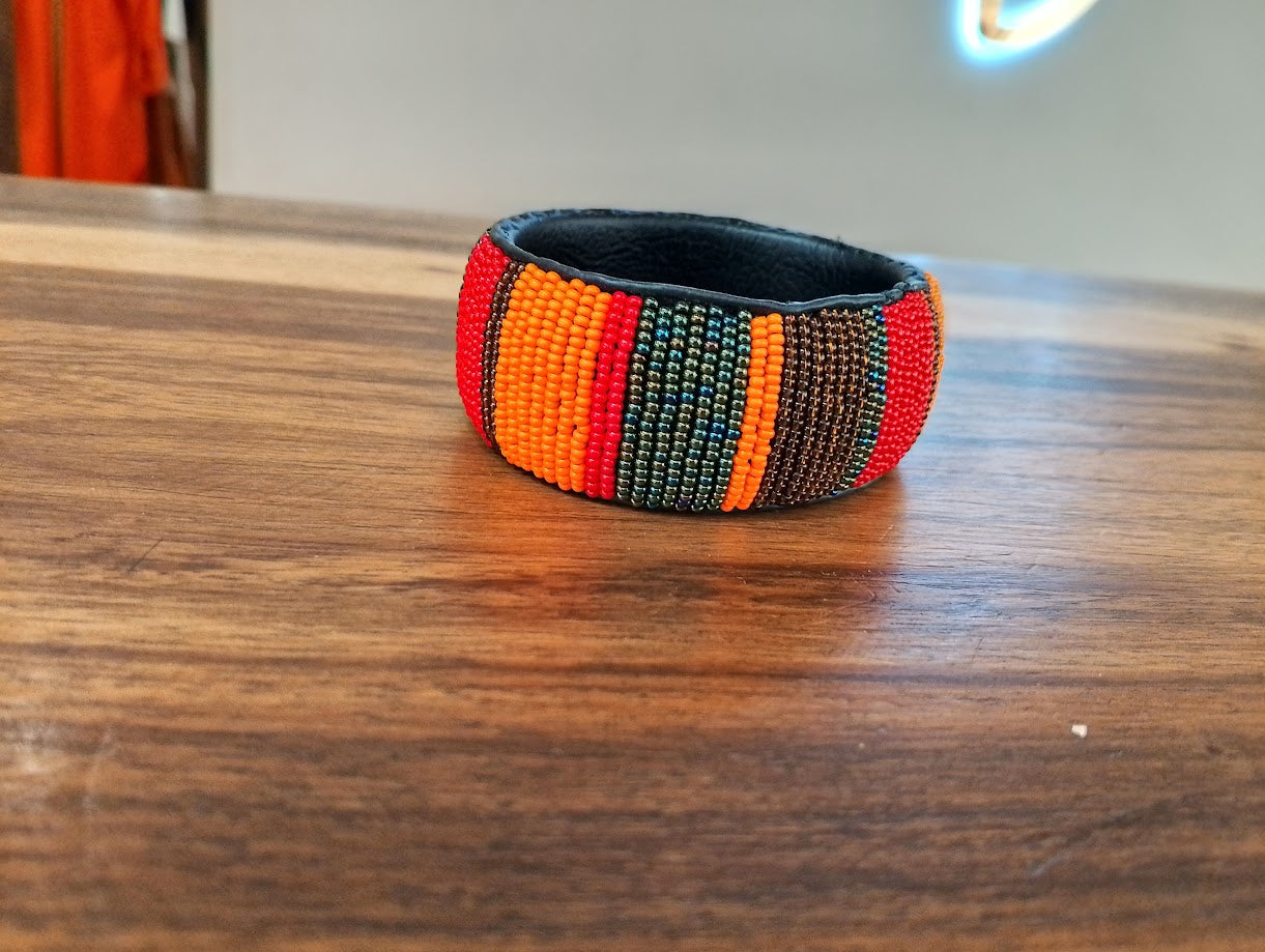 Lisa Leather Beaded Bracelet - Multi-Orange / Red