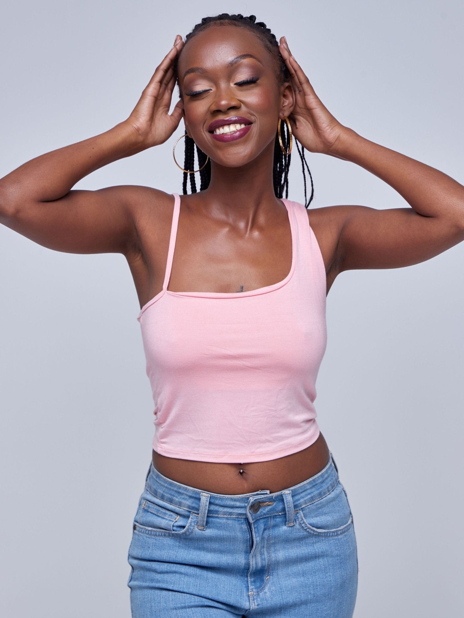Anika Assymetrical Thick Strap Top - Baby Pink - Shopzetu