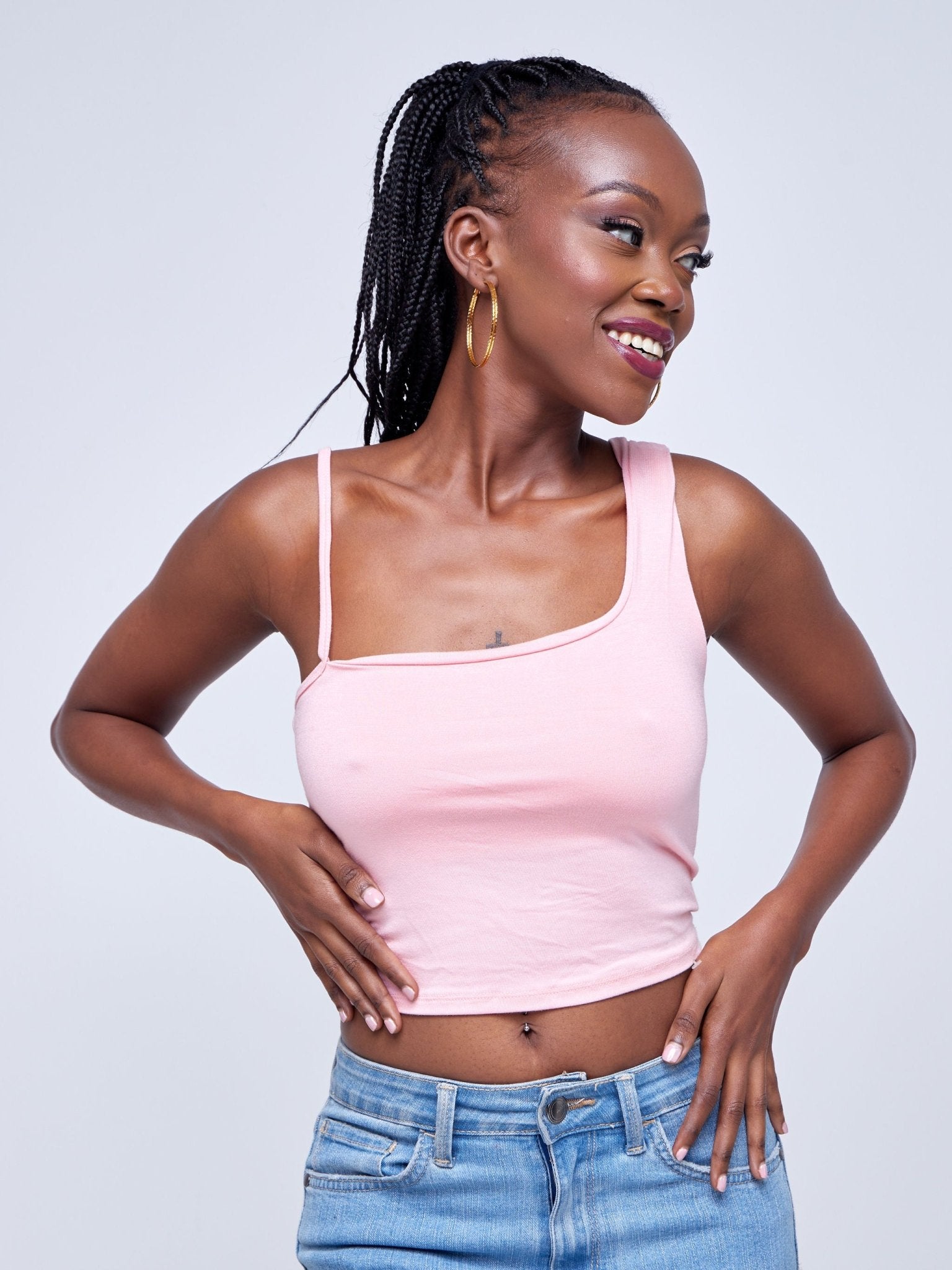 Anika Assymetrical Thick Strap Top - Baby Pink - Shopzetu