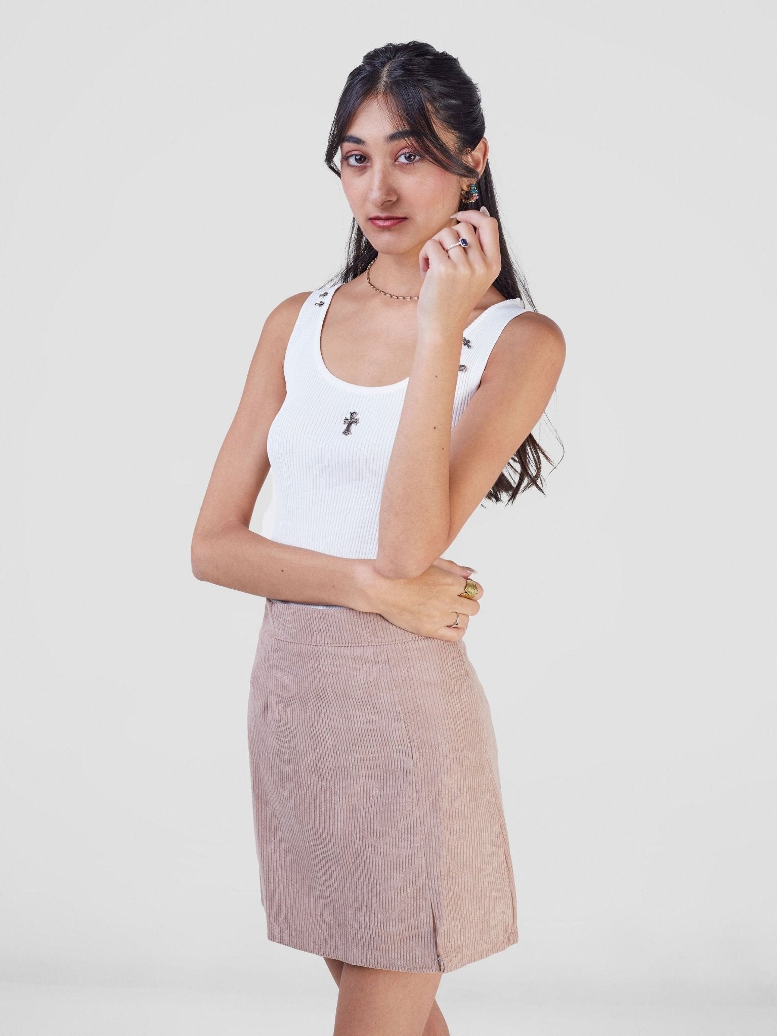 Anika Corduroy Side Slit Mini Skirt - Beige - Shopzetu