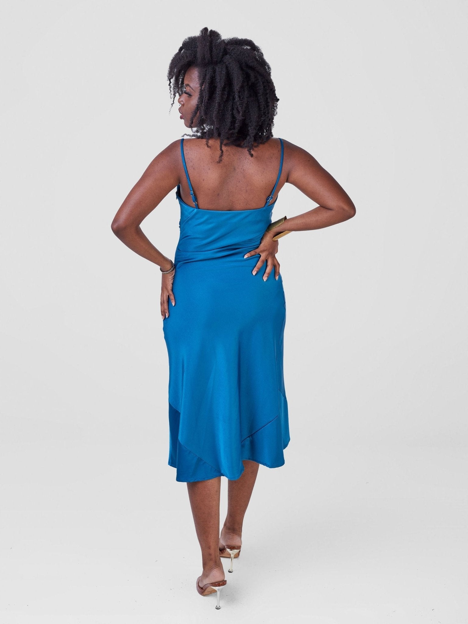 Lola Satin Cowl Neck Slip Dress - Teal - Shopzetu