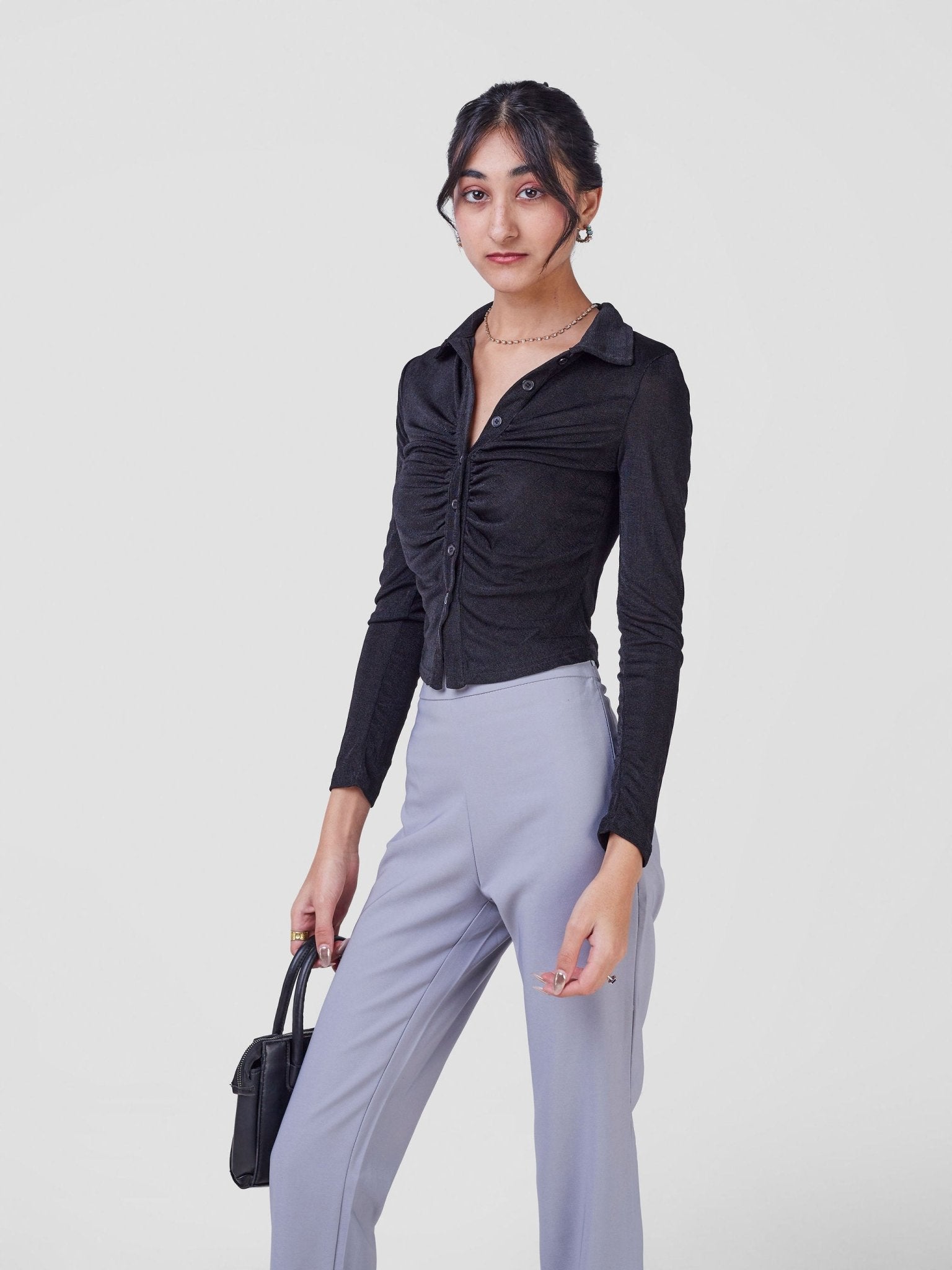 Anika Cropped Ruched Long Sleeve Blouse - Black - Shopzetu