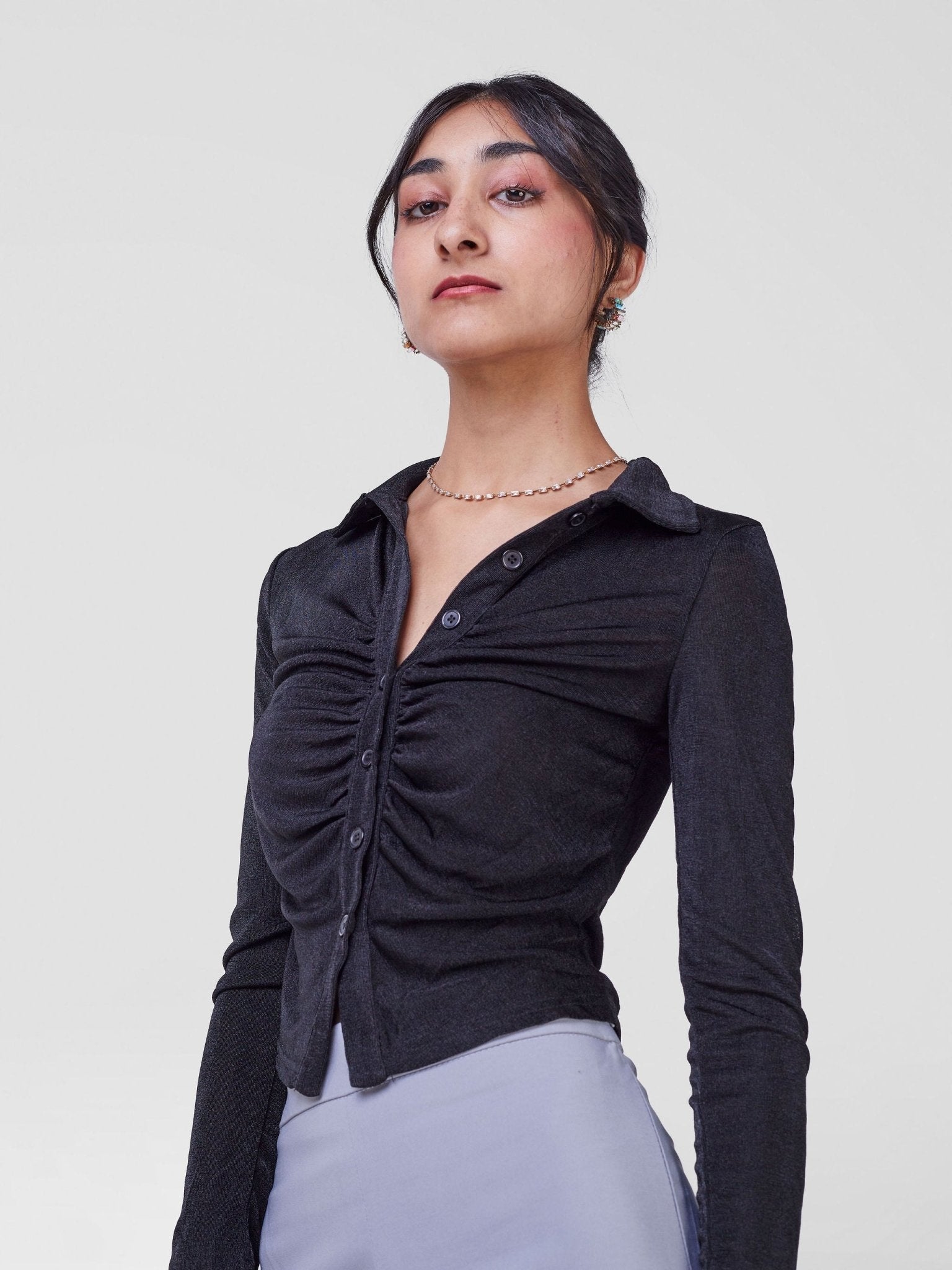 Anika Cropped Ruched Long Sleeve Blouse - Black - Shopzetu