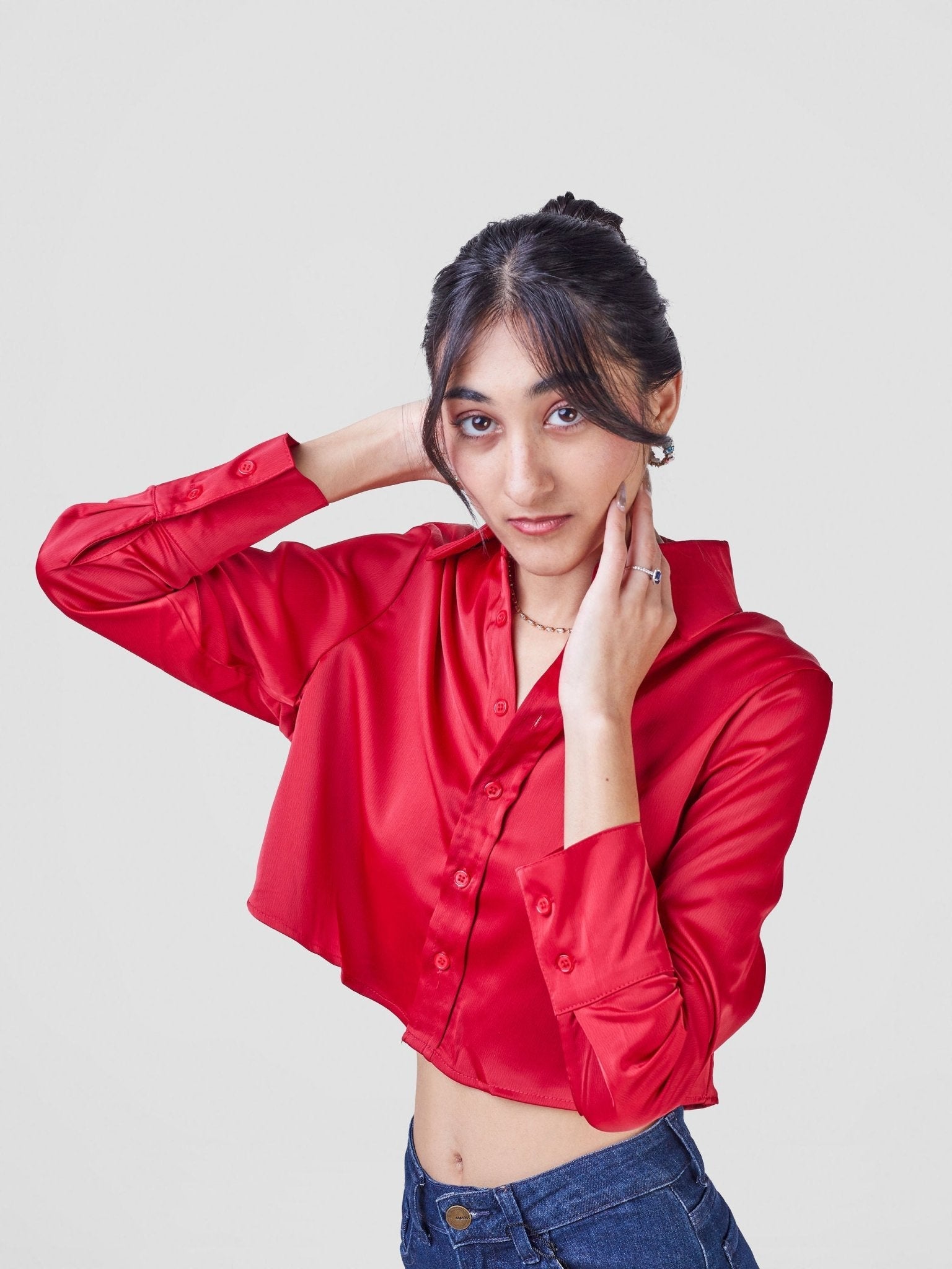 Lola Crop Satin Shirt - Red - Shopzetu