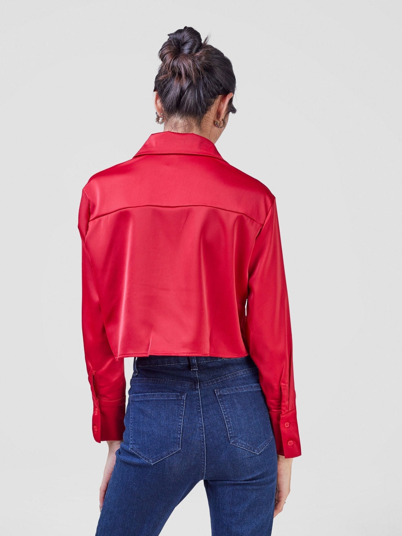 Lola Crop Satin Shirt - Red - Shopzetu