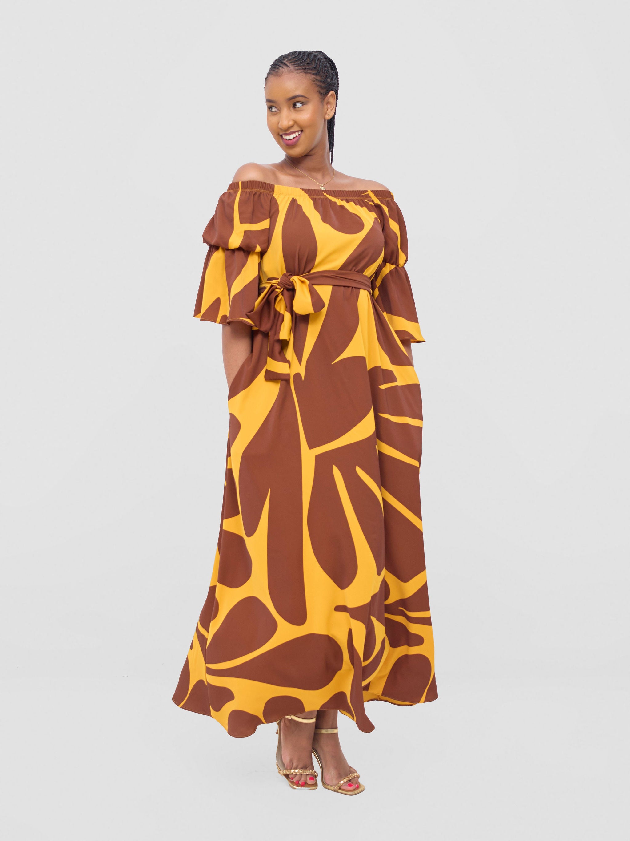 Vivo Tana Off Shoulder Maxi Dress - Mustard / Brown Amari Print
